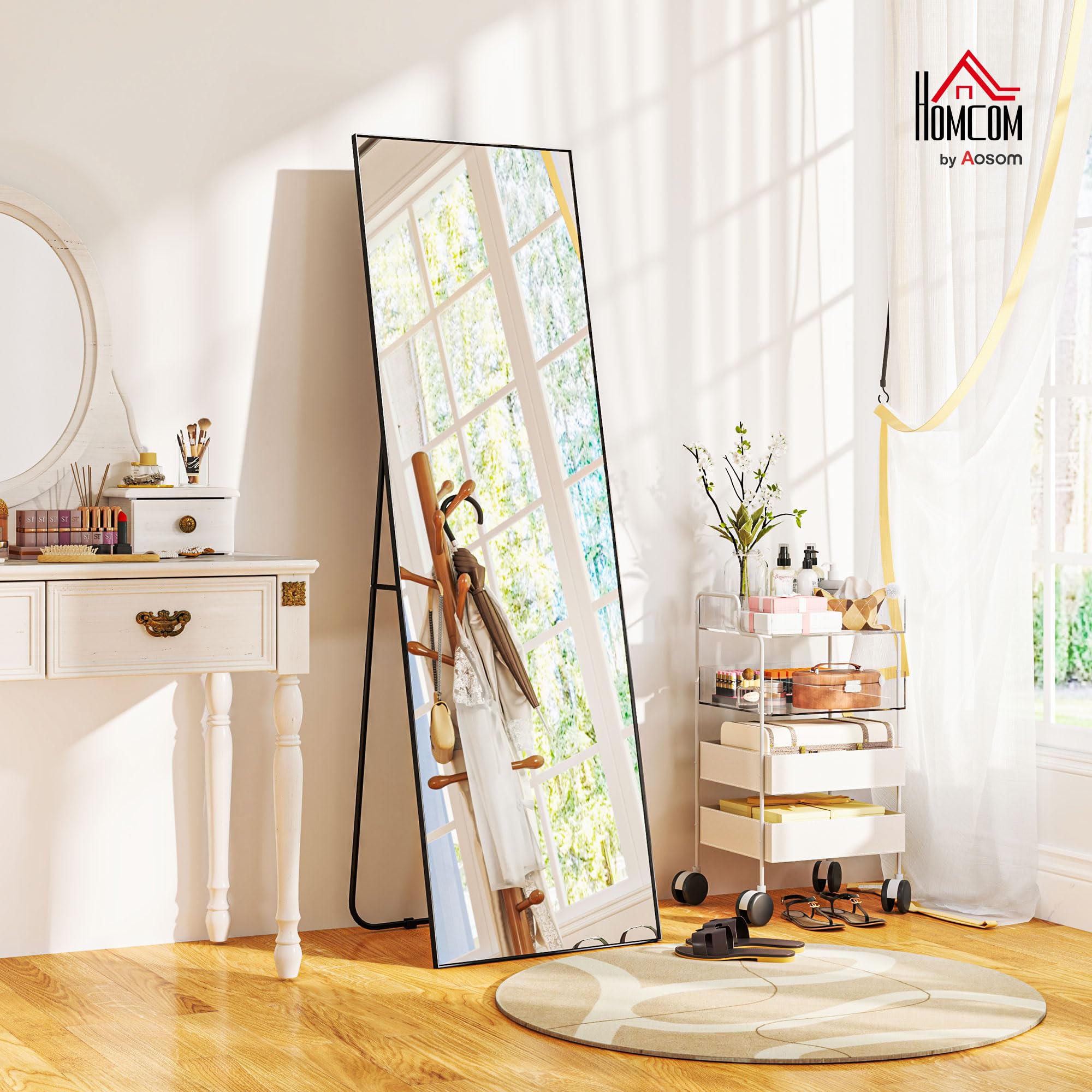 HOMCOM Specchio da Terra Moderno a Figura Intera, 40x150 cm Specchio da Parete e Autoportante Rettangolare con Cornice, Ganci e Supporto per Camera da Letto, Soggiorno e Ingresso, Nero