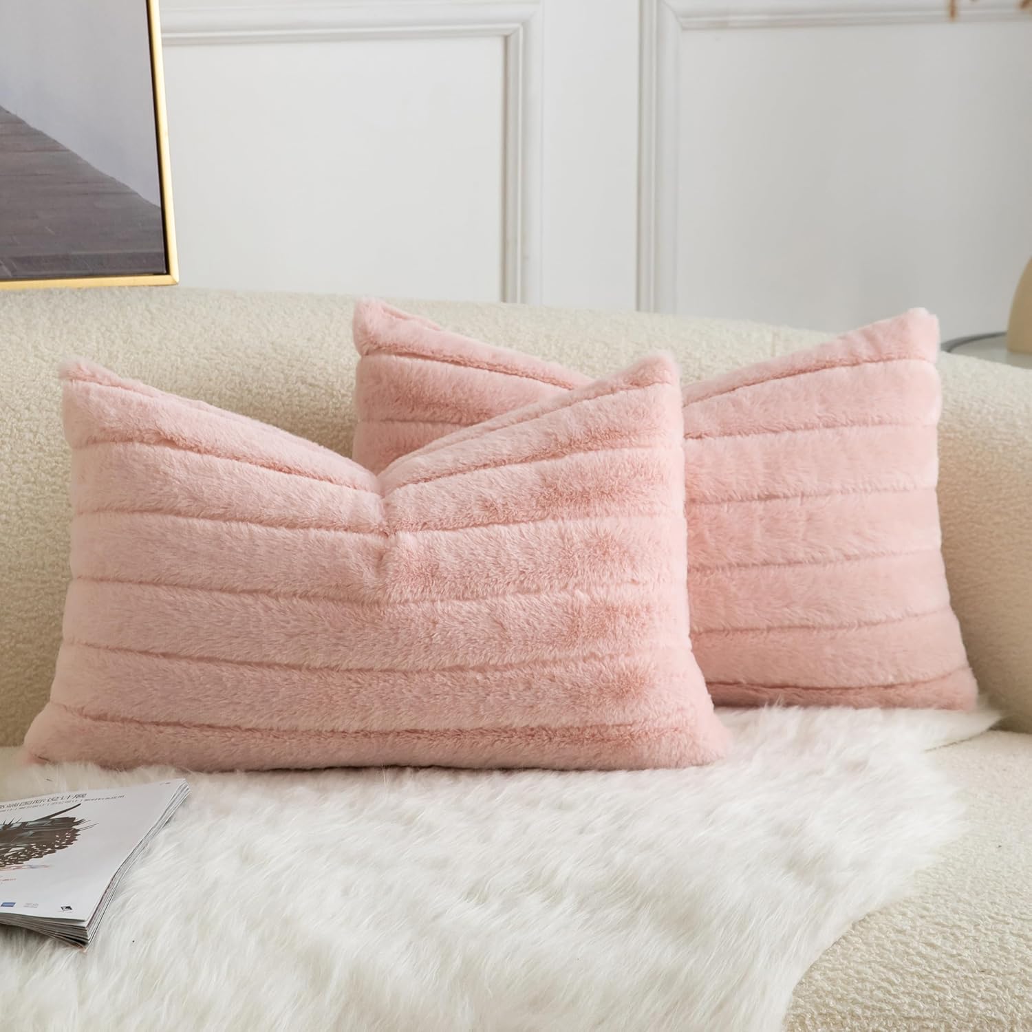 Pack of 2 Faux Fur Throw Pillow Covers 18x18 Inch Striped Decorative Soft Plush Couch Pillow Case Home Decor for Bed, Sofa, Living Room Beige