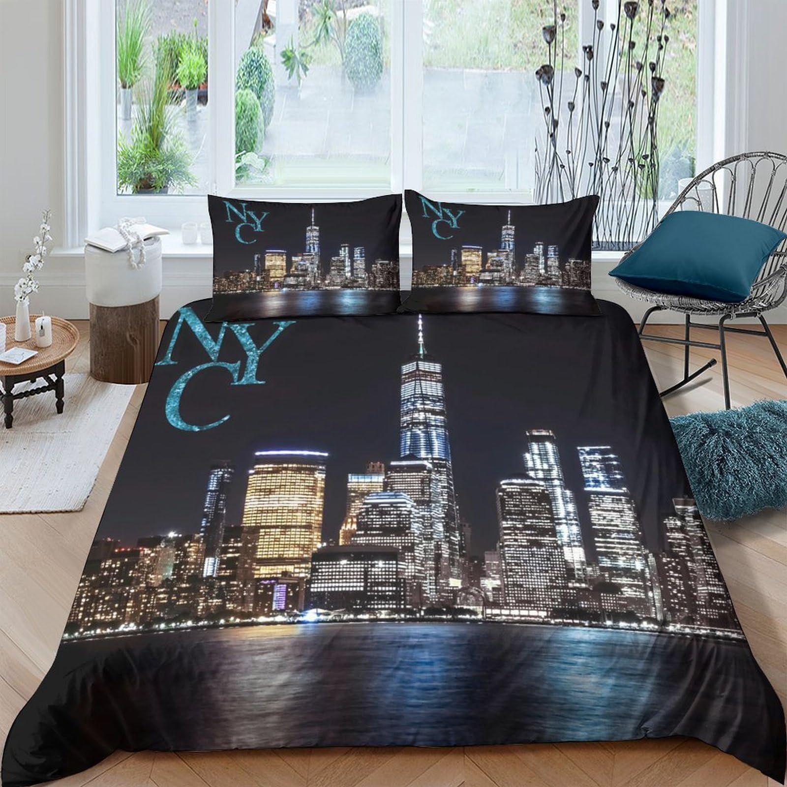 Ctjqhvkz Style-4 3D Printed Nyc Skyline Fitted Sheet Microfiber Night Cityscape Bed Cover For Bedroom Dorm Modern Home Decor Single（135X200cm）