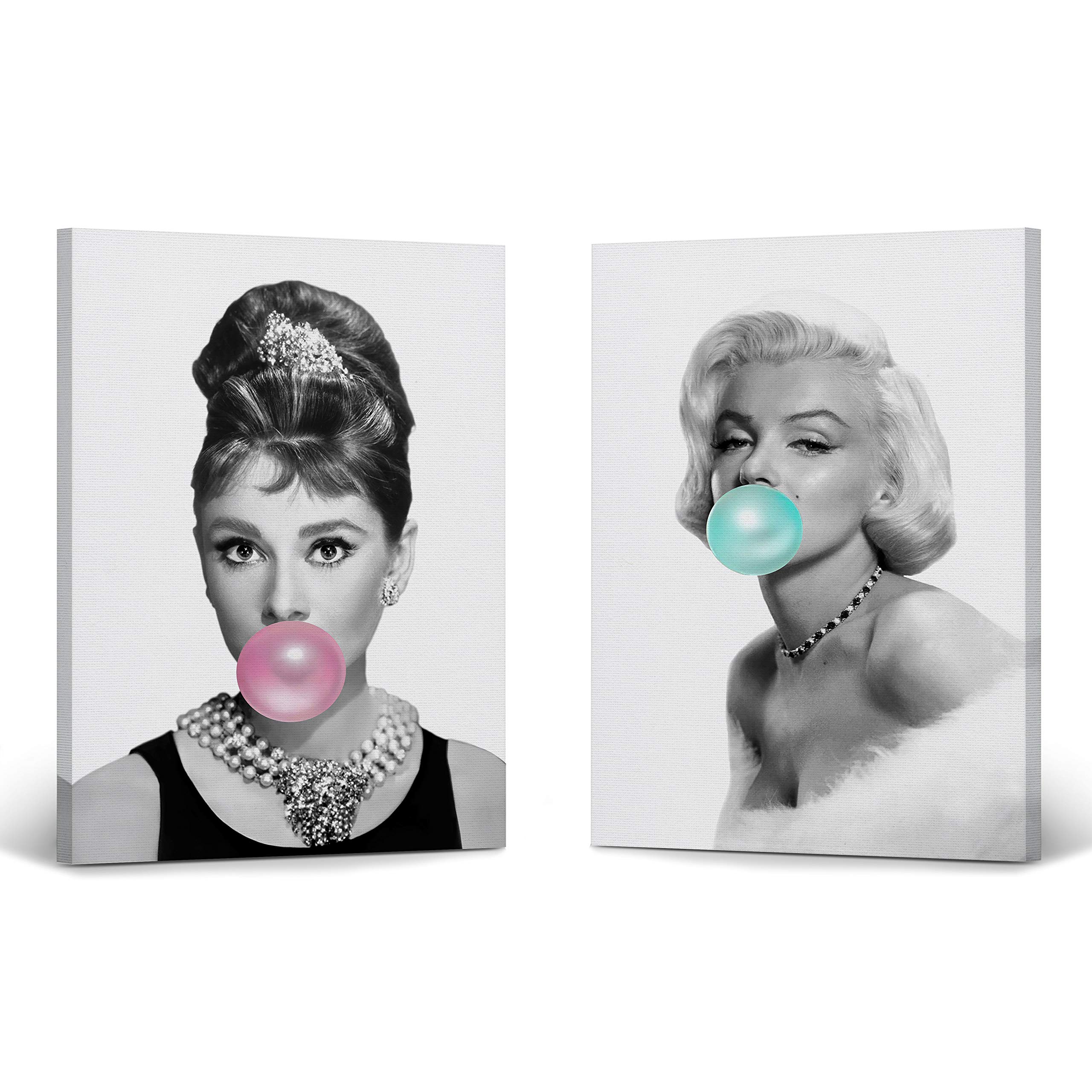 Audrey Hepburn and Marilyn Monroe Bubble Gum Chewing Gum Black and White Canvas Print Two-Piece Set/Home Decor/Icon Wall Art/Gallery Wrapped Canvas/Ready to Hang (12 x 8 x 2 Piece)