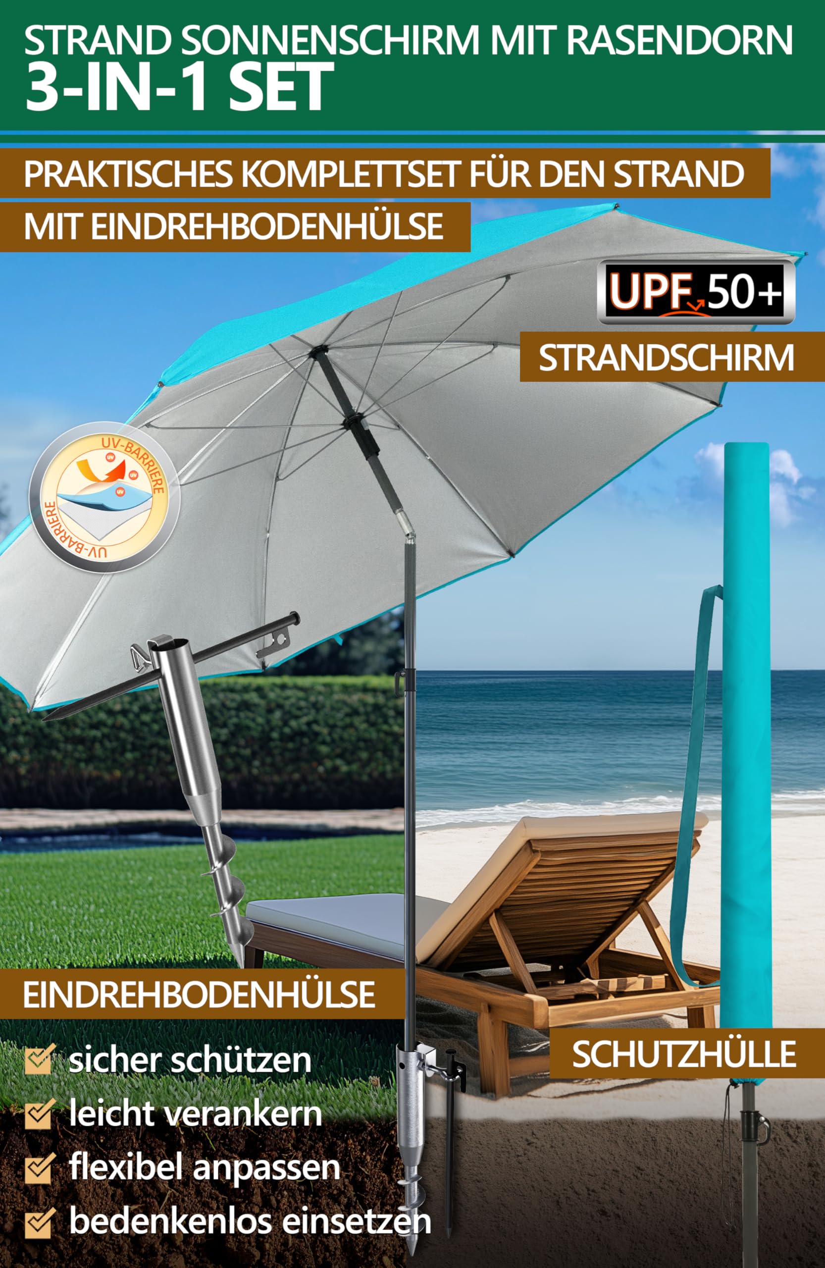 Menz Sonnenschirm Strand 3-in-1 Set, Ø 180 cm, Türkis, Strandschirm Windfest Stabil, UV50 Sonnenschutz Strand, Einschraubhülse & Schirmhülle, Höhenverstellbar, Flexibles Schatten für Garten