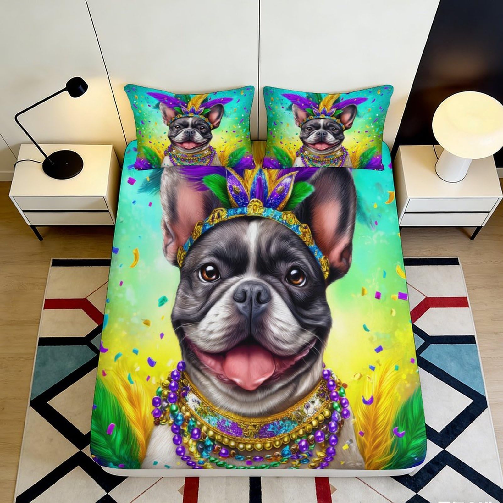 3D Printed Carnival French Bulldog Fitted Sheet Microfiber Colourful Beads Mattress Cover for Bedroom Guestroom Decor 90x200x25cm