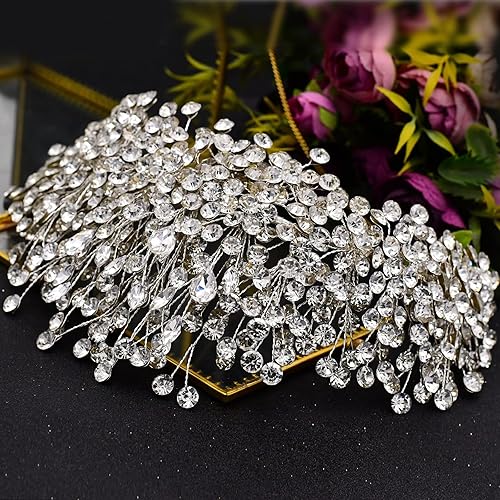 Miniatura 5 de HP376 - Diadema de boda con diamantes de imitación de plata para mujer, hecha a mano, accesorios para el cabello