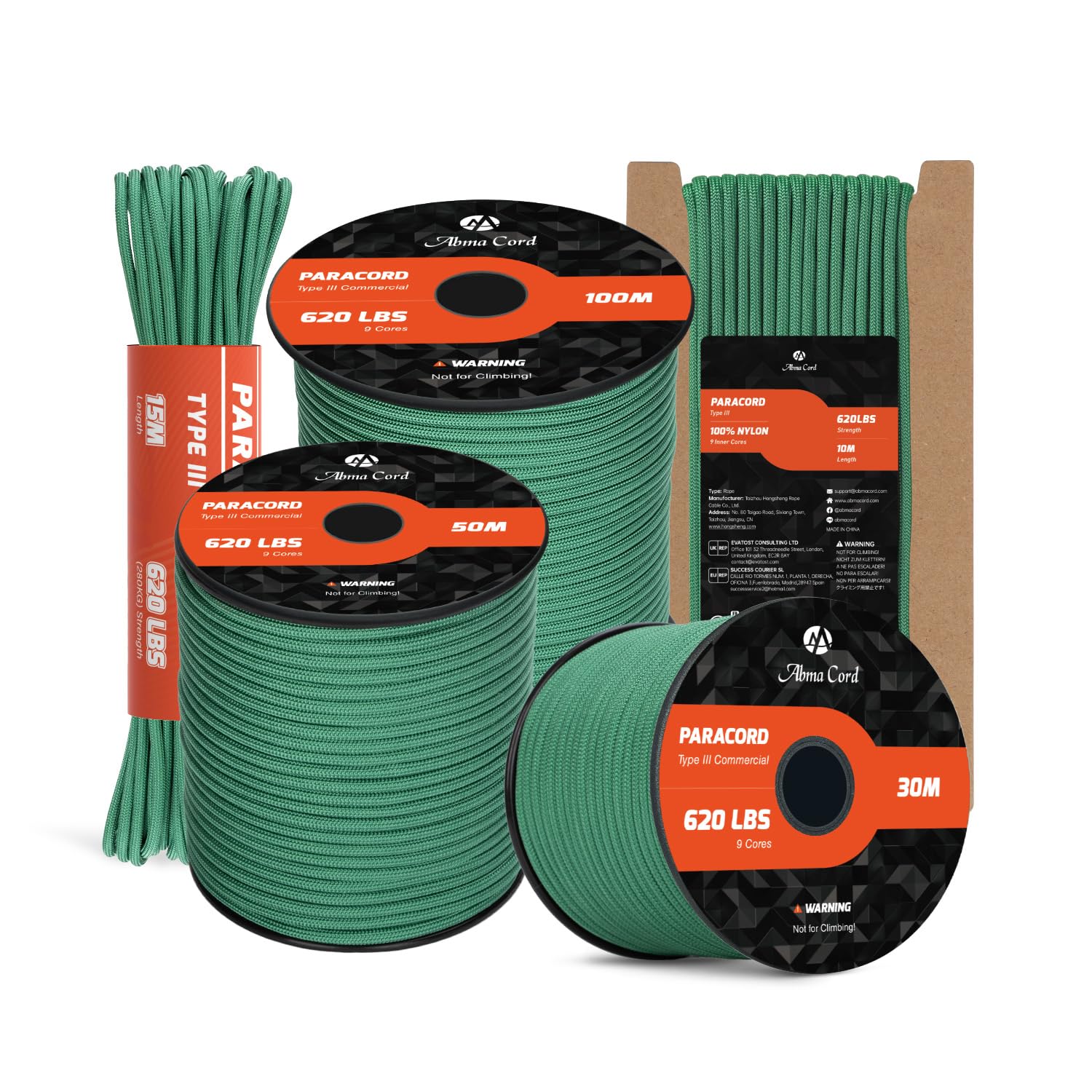 Abma Cord Paracord 4mm 10m 100% Nylon Rope 9 Strands Type III Parachute Cord for DIY, Camping, Survival, Outdoor - Max. 280kg - Kelly Green