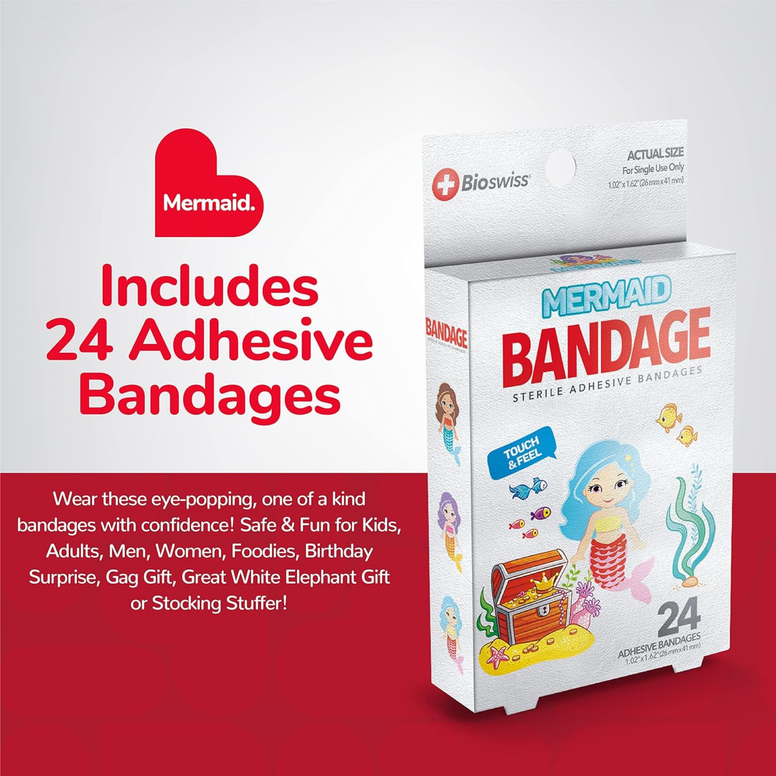 BioSwiss Bandaids für Kinder, 24 sterile selbstklebende Bandagen in einzigartiger Form, bunt, lustig, niedlich, für Mädchen und Jungen, Erste Hilfe für Erwachsene, schützt Kratzer und