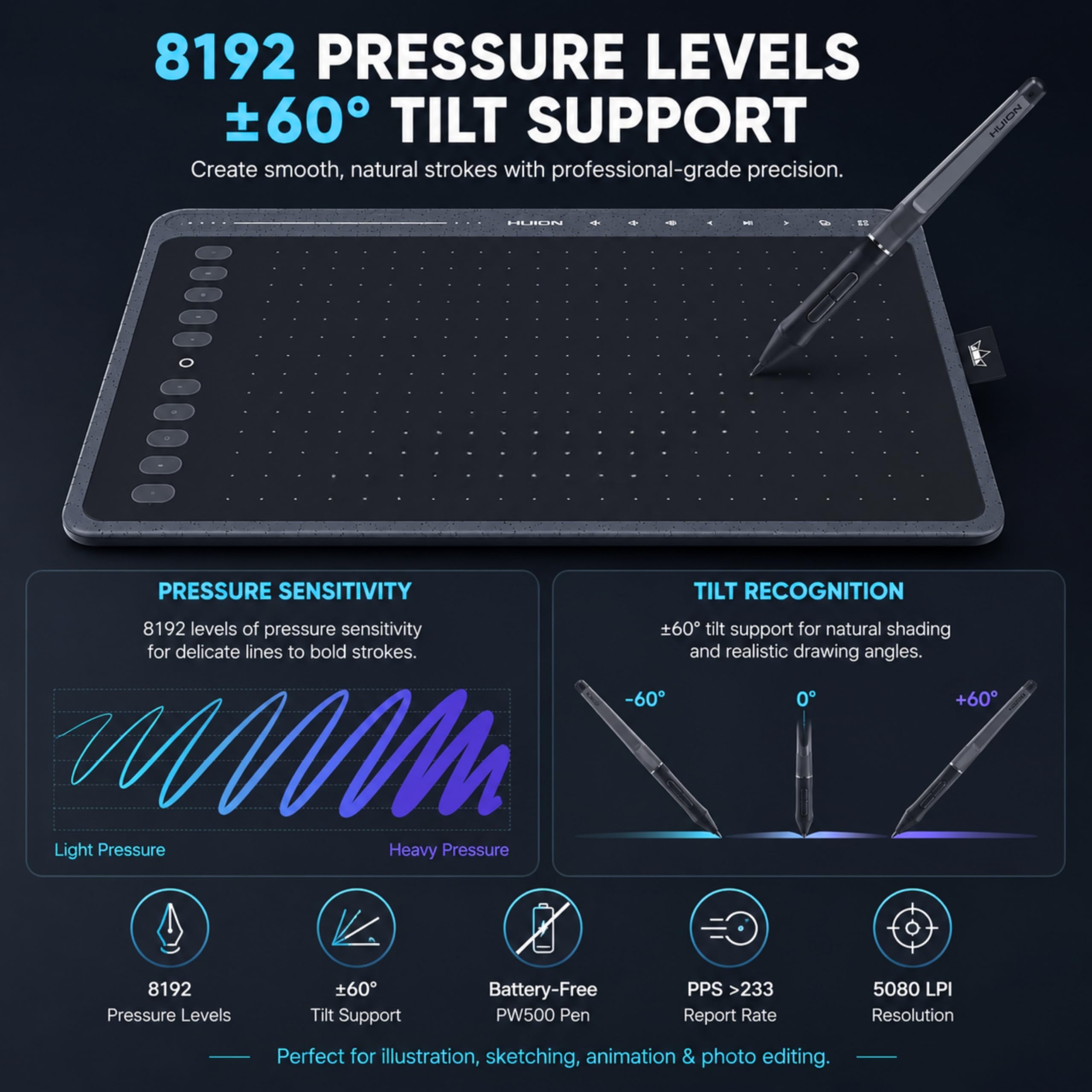 HUION HS611 Grey Graphic Tablet 5080 lpi 258.4 x 161.5 mm USB Gray