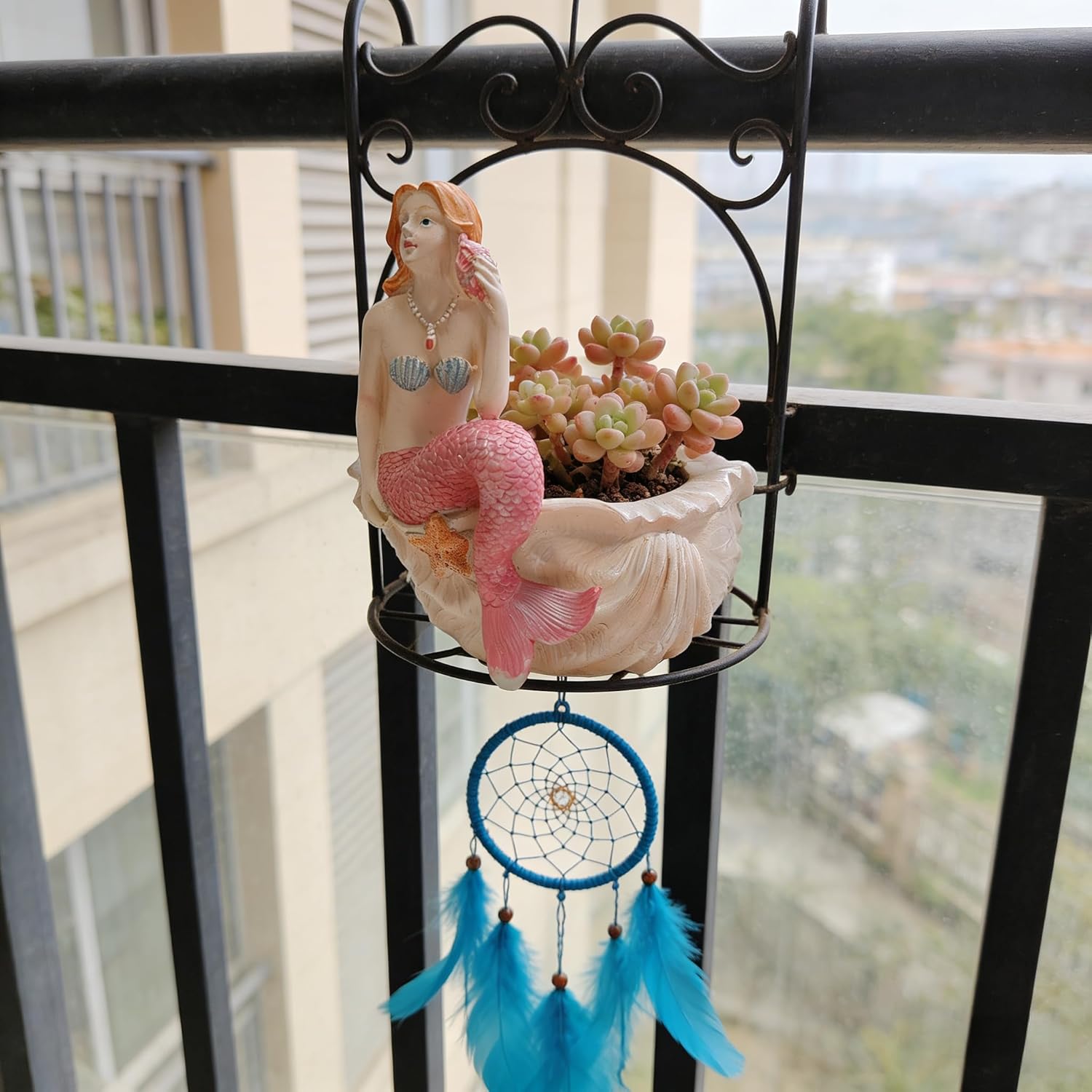 Mermaid Resin Planter Statue, Conch Base Succulent Flower Pot for Home Garden Nautical Decor (Pink)