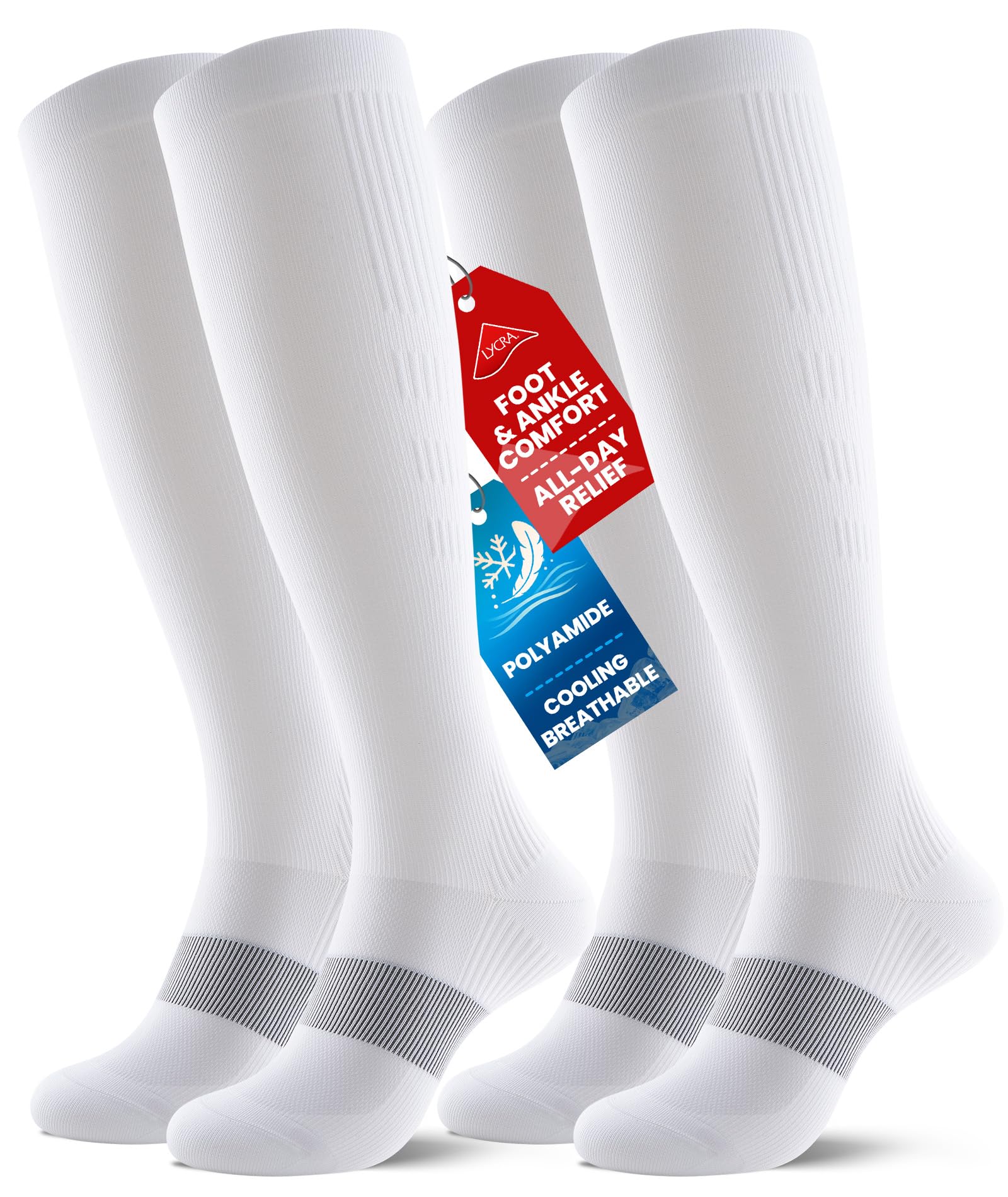 PULIOU Cooling Compression Socks for Women and Men, 20–30 mmHg Graduated Compression, Circulation Knee High Flight Socks for Flying, Travel, Sport, Nurses, 2 Pairs, White S-M