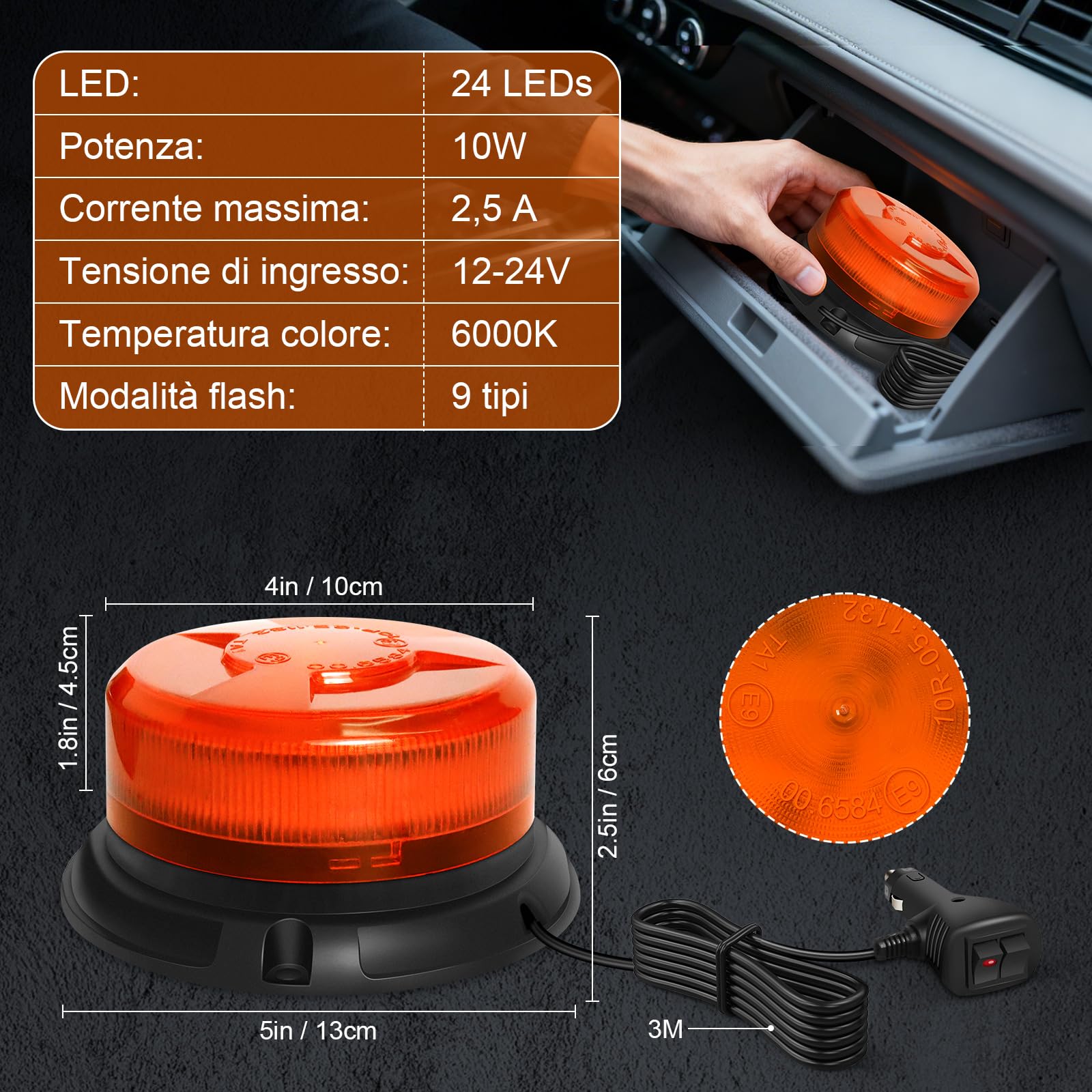 Dinfu Luce di segnalazione rotante a LED, luce di segnalazione gialla 12V-24V con magnetico e 9 modalità per auto carrello elevatore trattore golf cart UTV rimorchio SUV J-eep