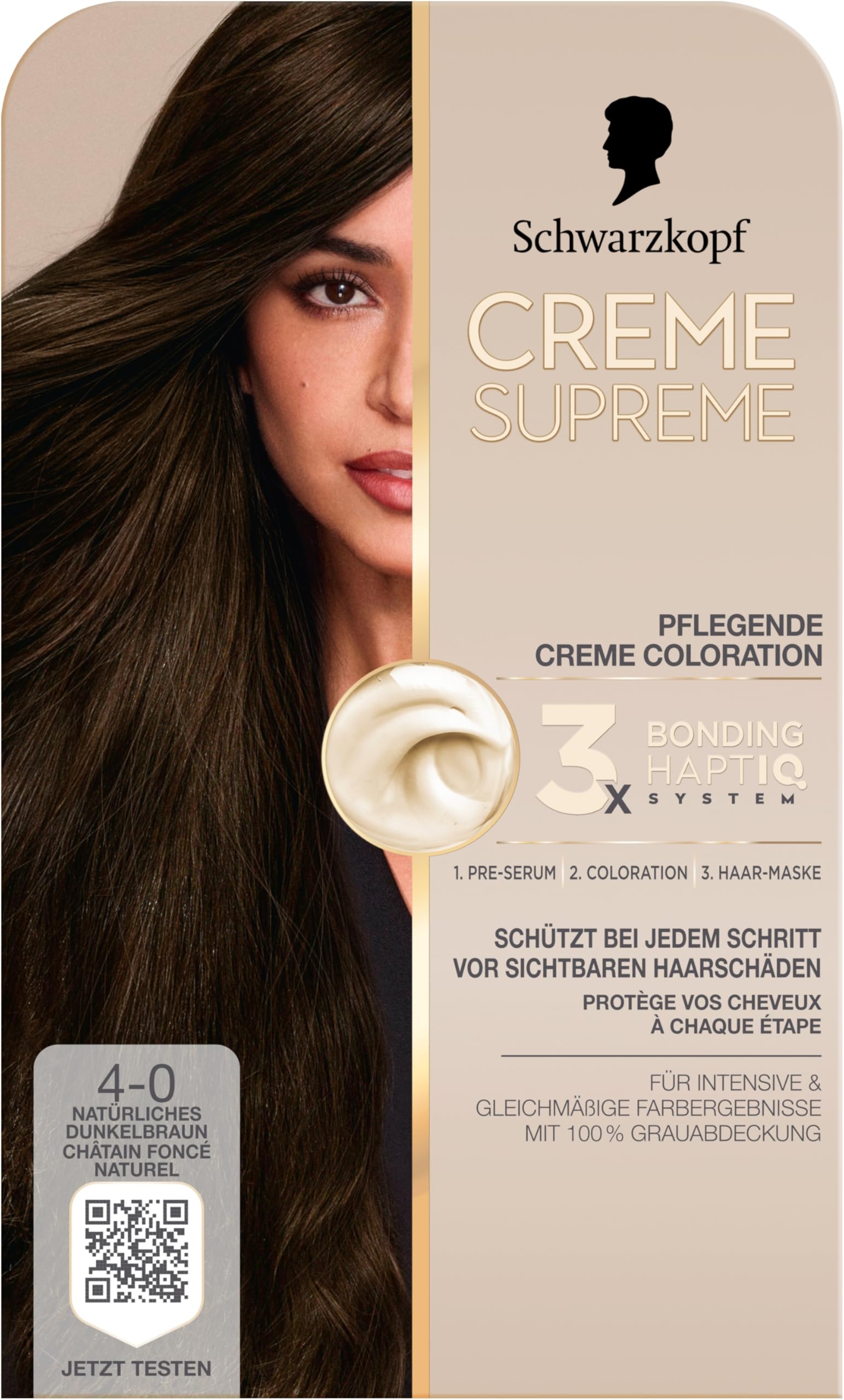 Schwarzkopf Creme Supreme Coloration 4-0 Natürliches Dunkelbraun (4x 182 ml), dauerhafte Haarfarbe mit Serum und Haar-Maske schützt vor sichtbaren Haarschäden, für 100% Grauabdeckung