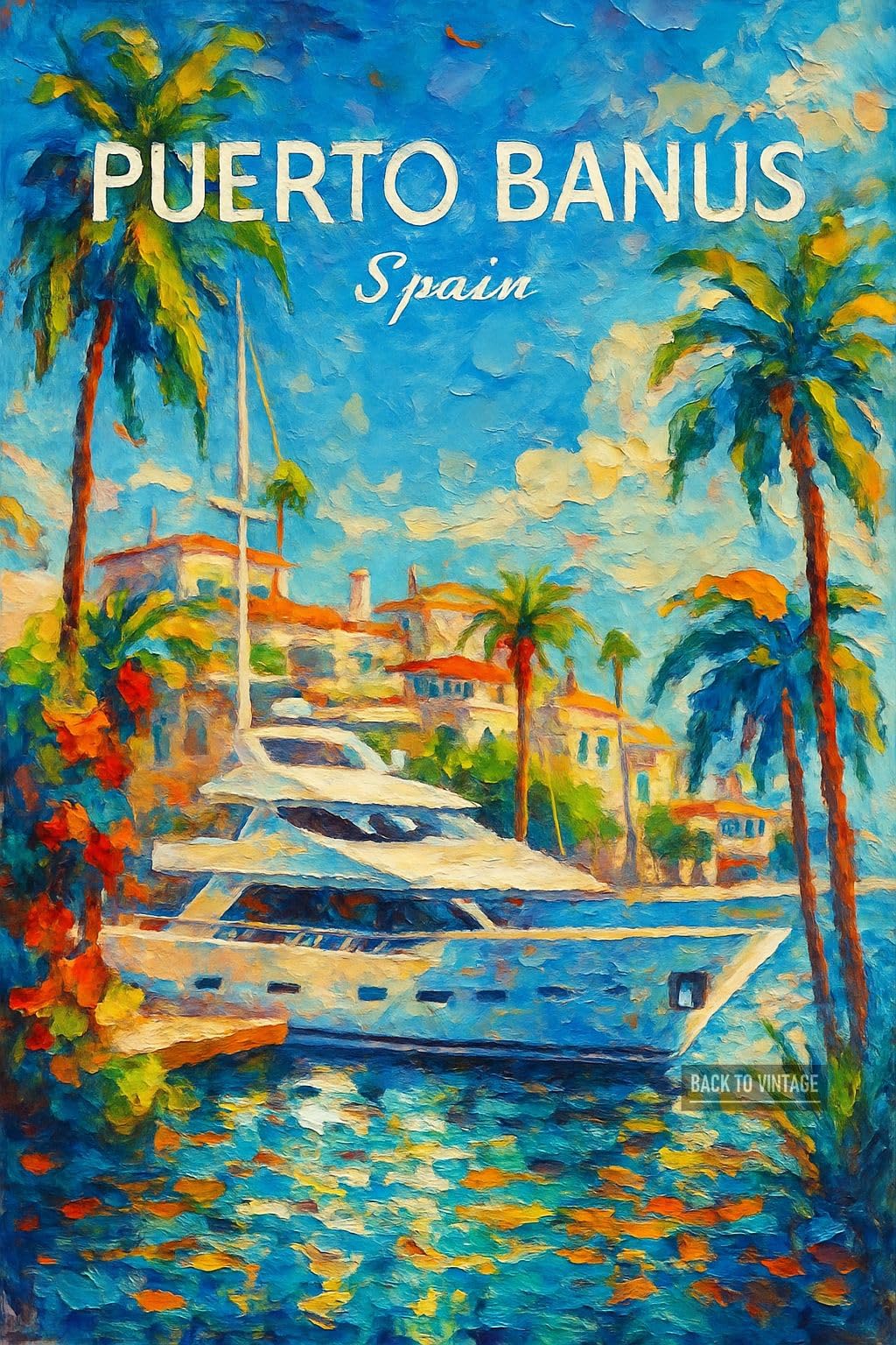 Vibrant Impressionist Puerto Banus Scene With Yacht And Palms_result - A4 Travel City Poster Wall Art Home Decor Art Print Featuring Urban Landmarks and Global Views for Stylish Interior Display