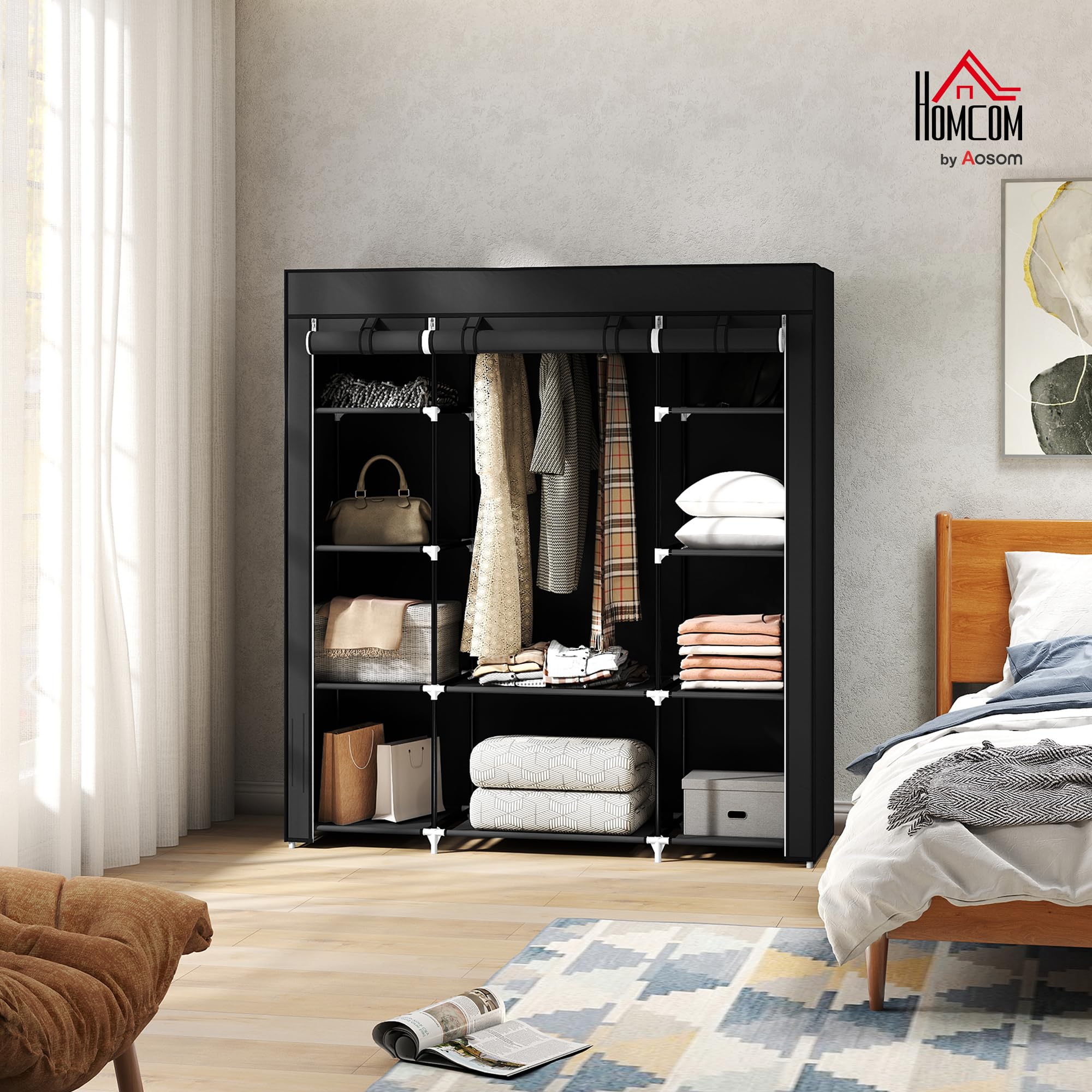 HOMCOM Armoire Penderie en Tissu 150 x 43 x 162,5 cm Noir | Meuble de Rangement, Tringle à Vêtements, Étagères Ouvertes, Penderie Vêtement Dressing, pour Chambre à Coucher