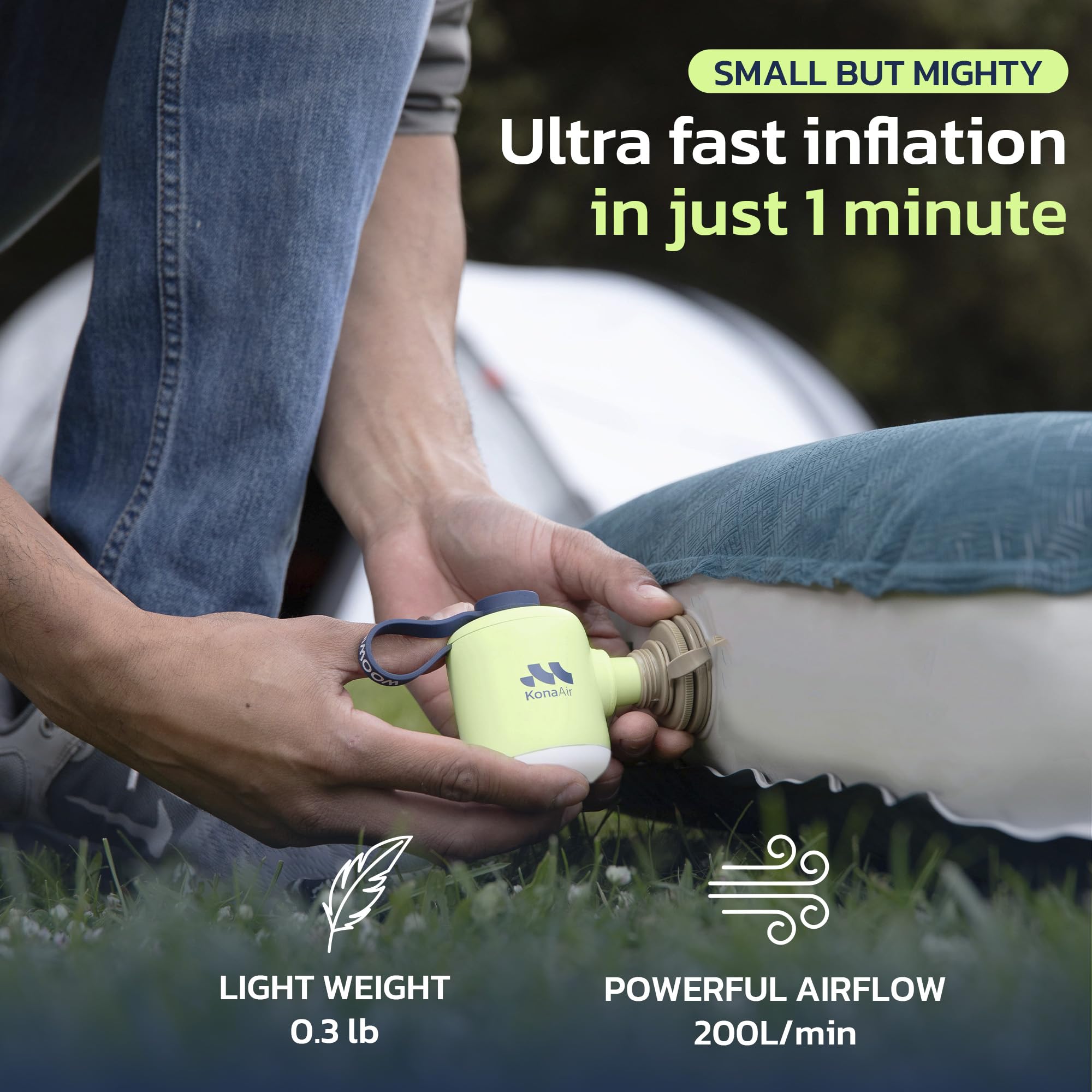 Woowind LP1 + Kona Air-Vert – Bundle Gonfleur de Pneus 150PSI pour Voiture/Vélo et Pompe Électrique 200L/min pour Gonflables Camping avec LED