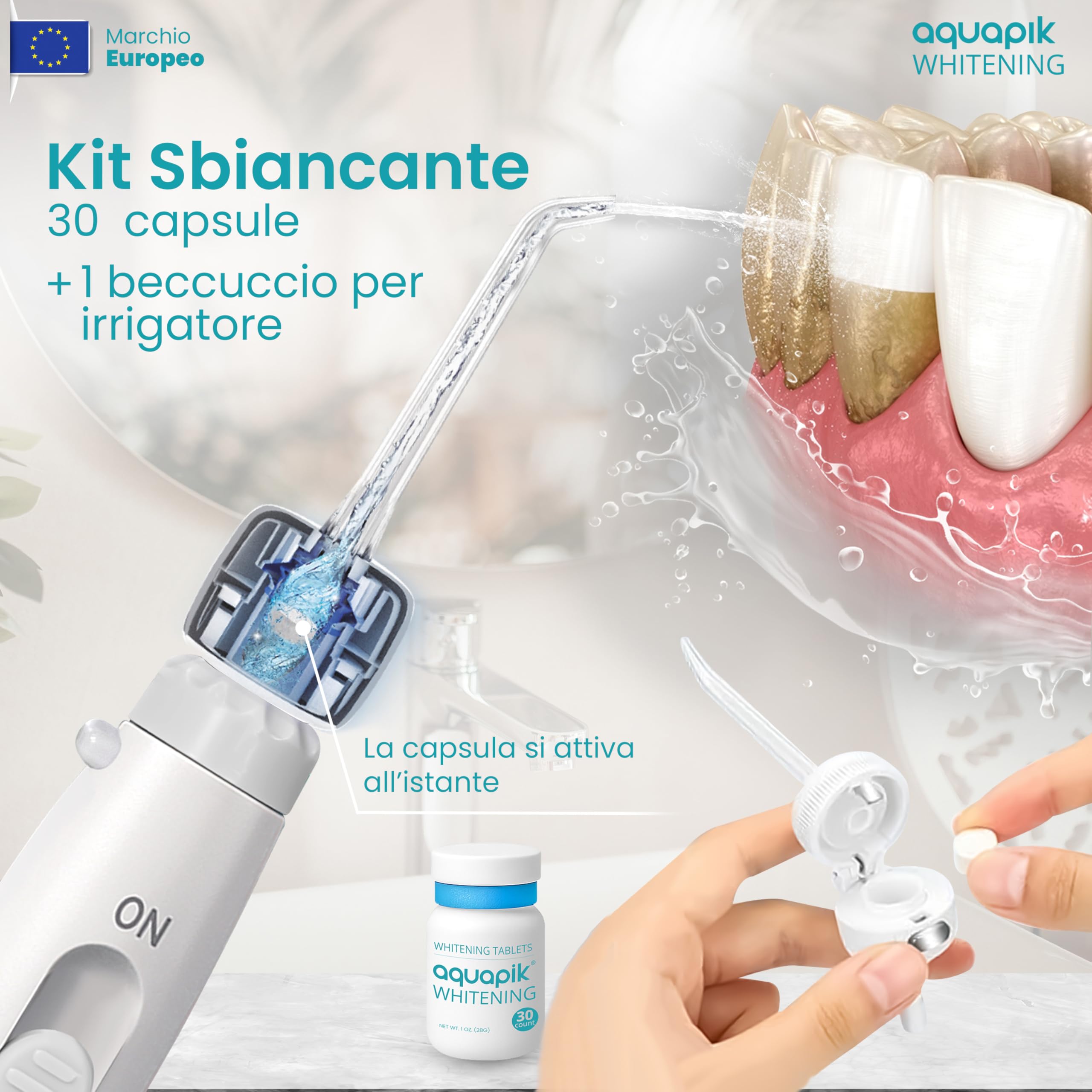 Aquapik® Hydropulseur Advanced Irrigateur buccal Idéal pour l'orthodontie, les implants et les gencives sensibles Kit blanchissant + 10 buses | 10 niveaux de pression