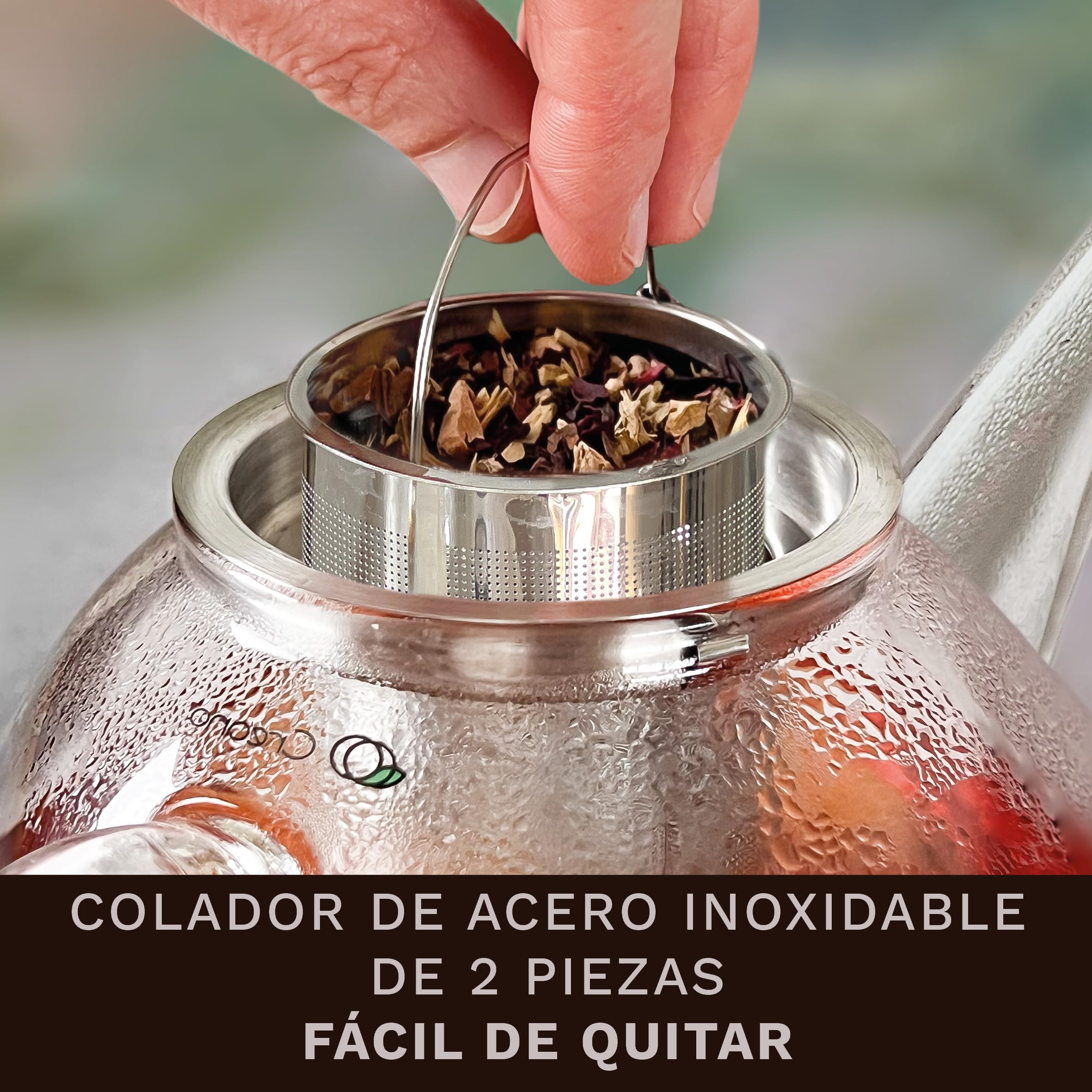 Creano Tetera de Vidrio „Plana“ 1,2L con Filtro de Vidrio y Calentador „Leaf“ Negro – Infusión Pura sin Sabor Metálico