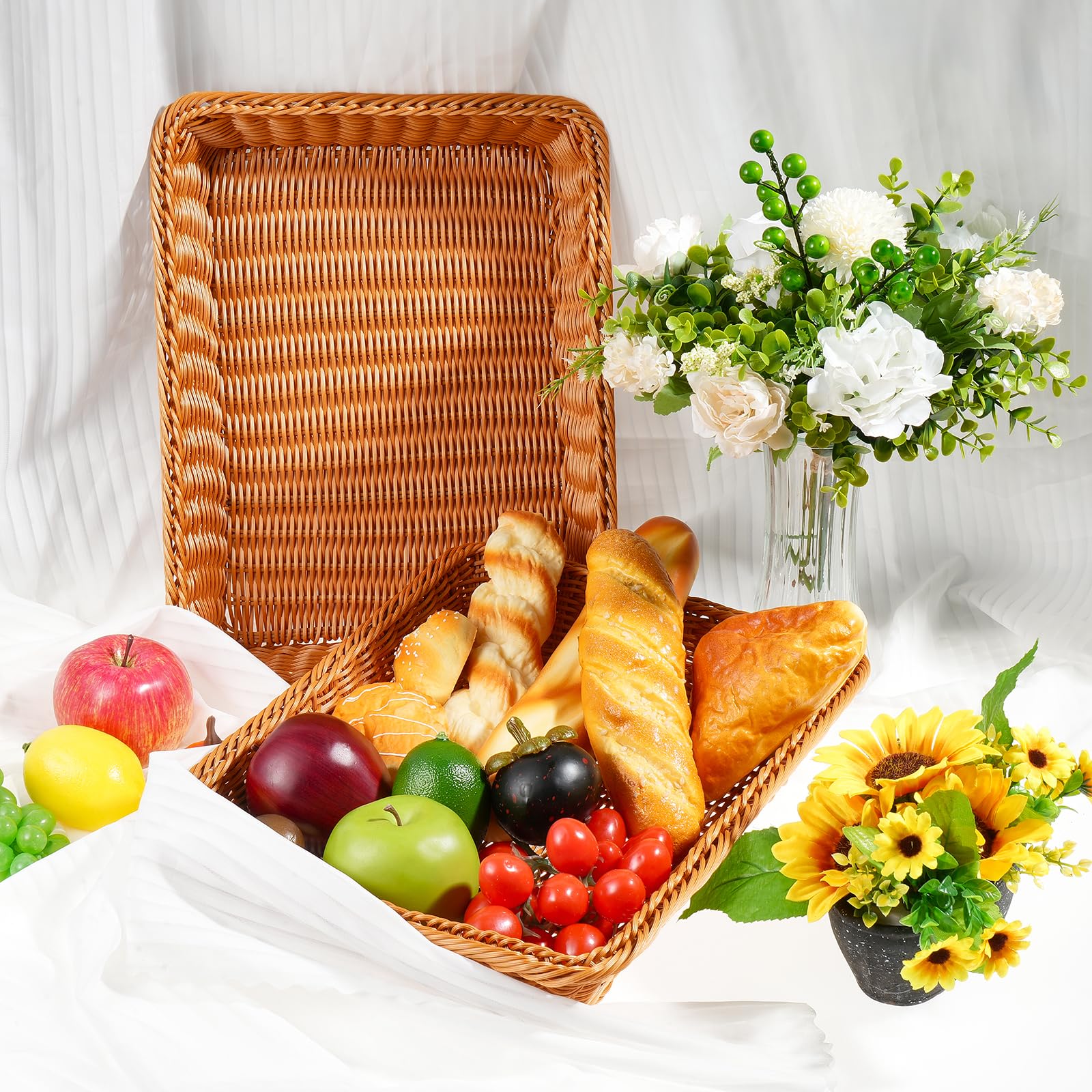 Confezione da 6 cestini per il pane in vimini sintetico, 40 x 30 cm, rettangolari, per frutta, cibo, cibo, cibo, per pane, verdure, frutta, snack, da tavolo, ristorante, casa all'aperto