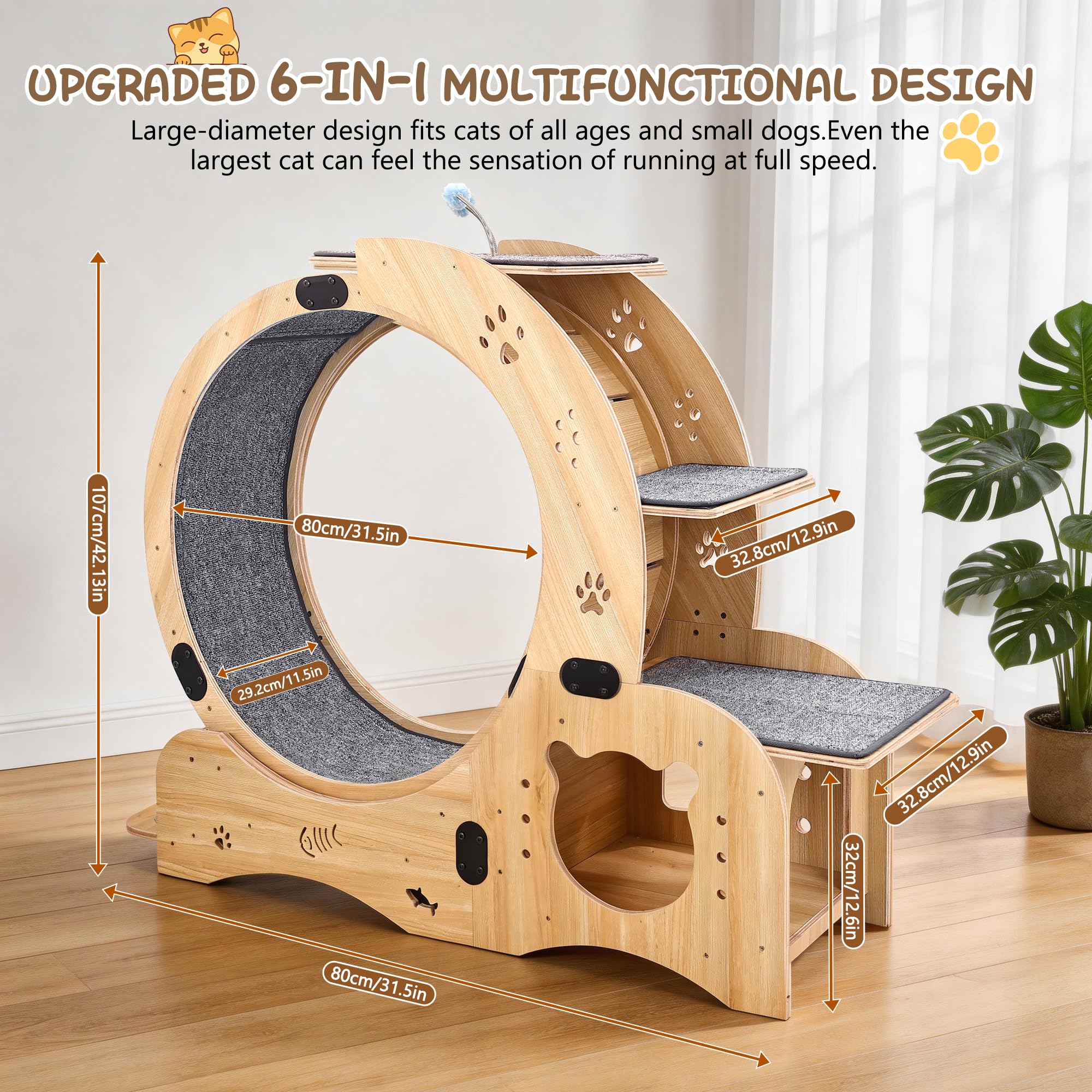 6-in-1 Upgrade Katzen-Übungsrad, Großes Leises Laufgerät mit Multifunktionsdesign, Interaktives Möbelspielzeug für Innenkatzen