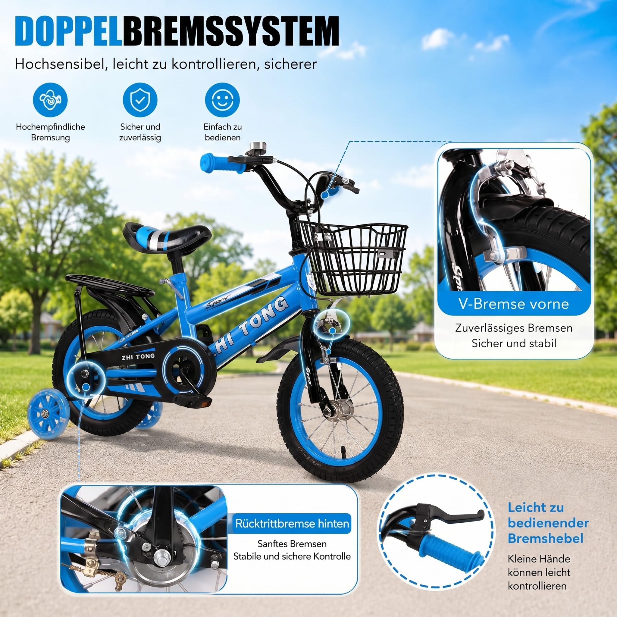 Kinderfahrrad 14 Zoll, Kinder Fahrrad ab 3-6 Jahre Junge und Mädchen, Höhenverstellbar Kinderfahrräder mit Stützräder und Duales Bremssystem, Fahrrad für Kinder, Bicycle