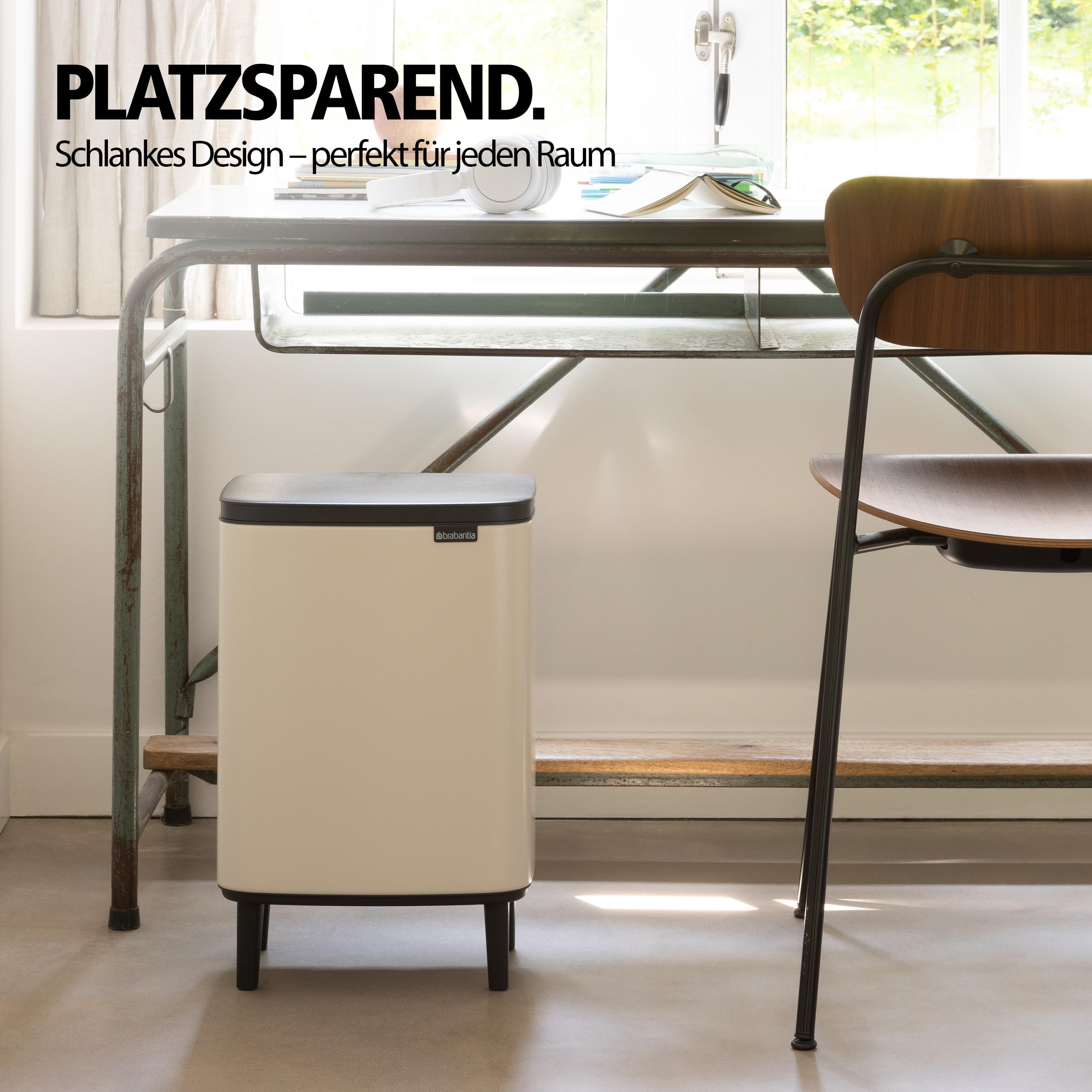 Brabantia Bo Hi Abfalleimer 12 l mit Soft-Close-Deckel, Abfallsammler mit herausnehmbarem Inneneimer und Tragegriff – Ideal als Mülleimer fürs Bad, Schlafzimmer und Büro – Soft Beige