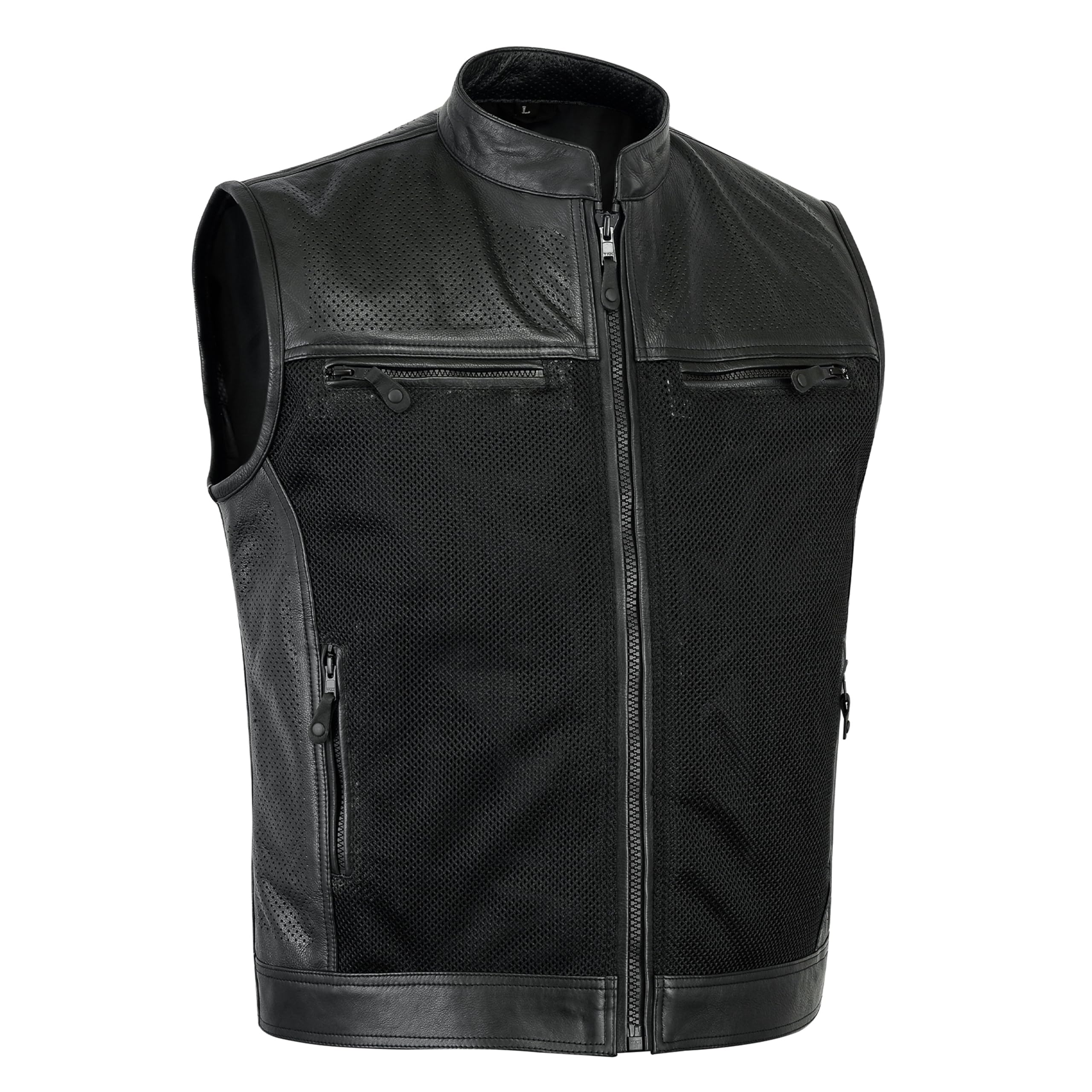 Leatherick Gilet nero da uomo in vera pelle resistente stile traforato, stile Super