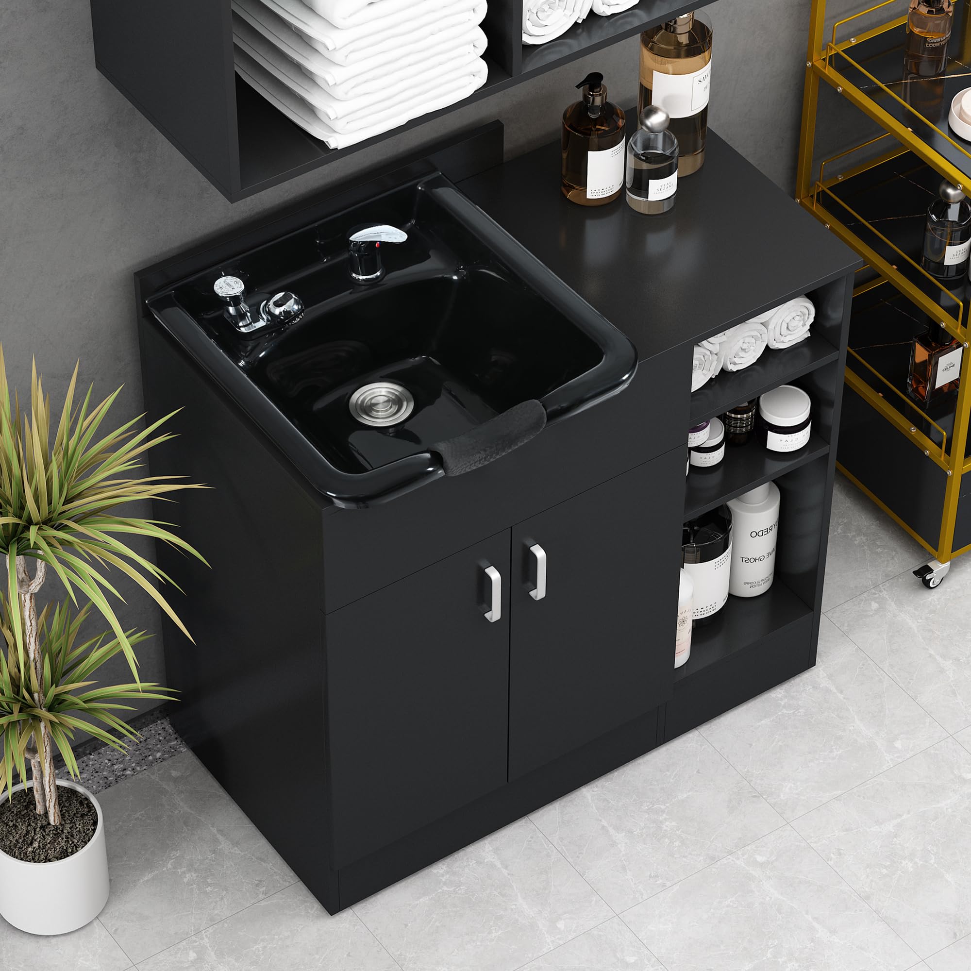 Shampoo Backwash Station for Salons and Spas - Featuring a Spacious Shampoo Bowl with Storage Layers - Ideal Salon Equipment for Barber Shops, Locker Rooms, and Bathrooms