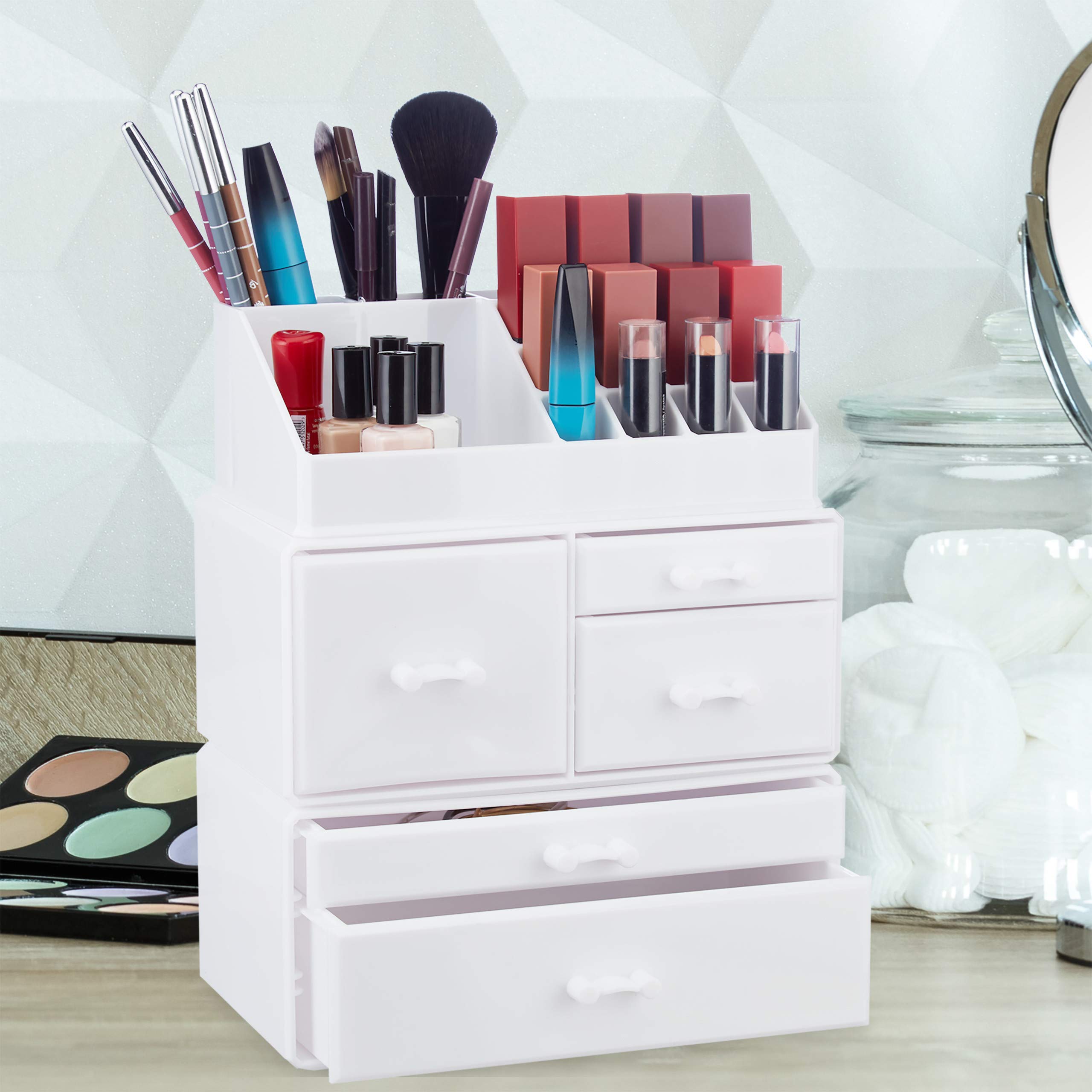 Relaxdays Organizer Make-Up con 21 Scomparti, Contenitore per Cosmetici, Rossetti, Trucchi, Case in Acrilico, Bianco
