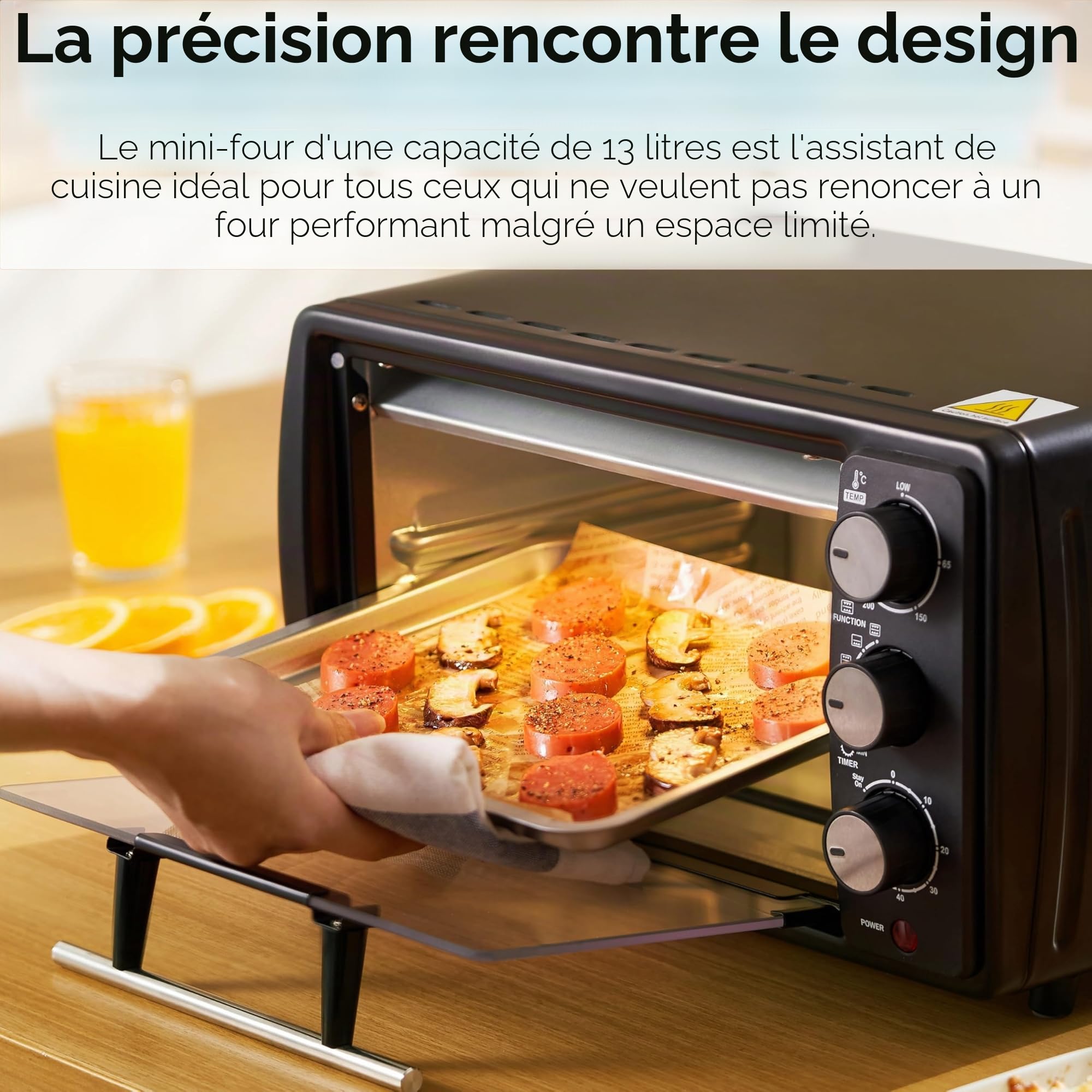 Steinborg Mini four 13 l - Plaque ramasse-miettes - Chaleur supérieure et inférieure - 1200 W - Mini four avec minuteur - Petit four pour le camping ou la maison - Autonome - Réglage en continu de la