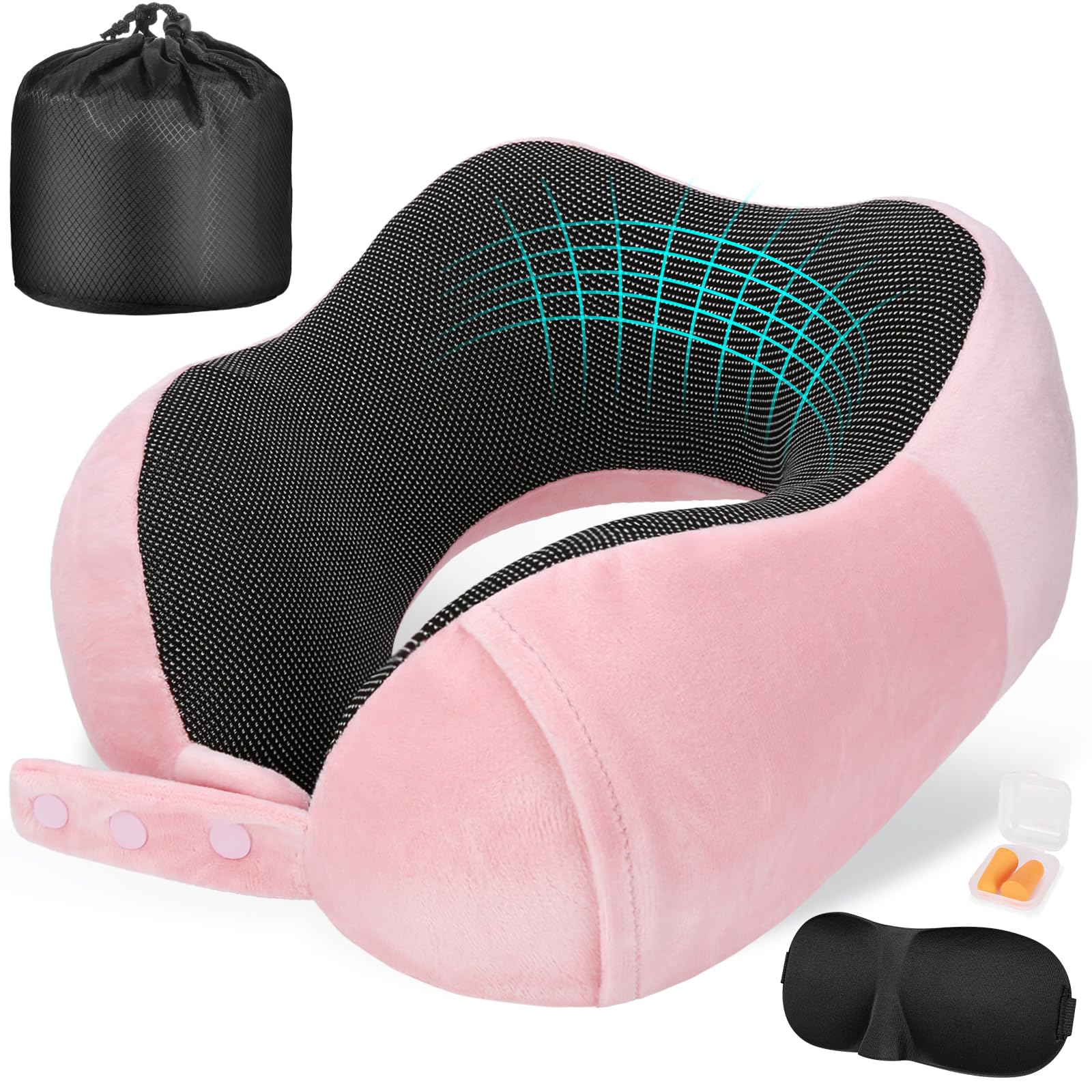Neck Pillow for Traveling, Travel Pillows for Airplanes,100% Pure Memory Foam Travel Neck Pillow, Adjustable Flight Pillow, Portable Plane Accessories with Eye Mask, Earplugs, Carry Bag