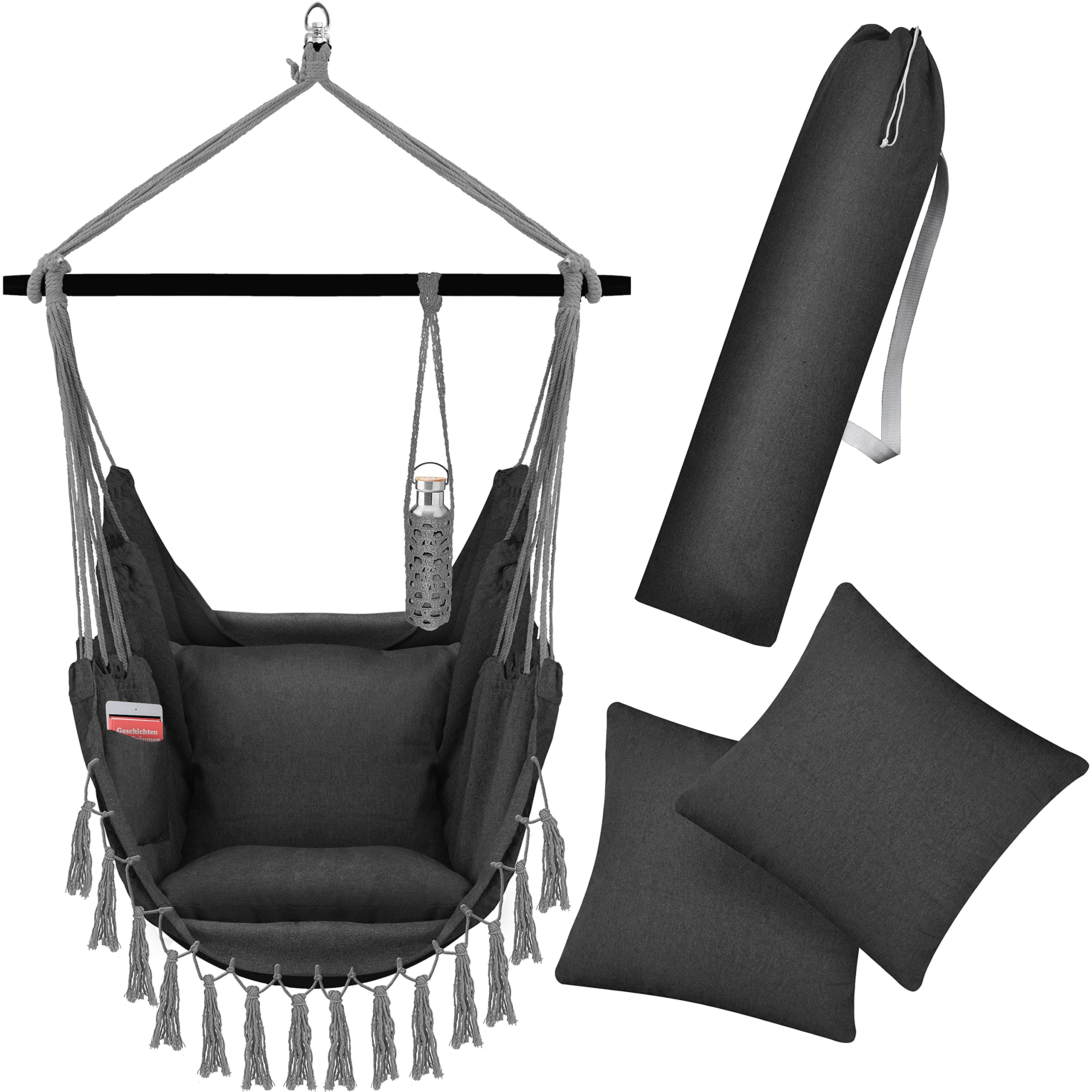 KESSER® Fauteuil Suspendu avec 2 Coussins, Porte-gobelet et Rangement pour Livres | Fauteuil Suspendu Safari XXL pour Adultes et Enfants | Hamac d'une Charge Maximum de 150 kg | Anthracite