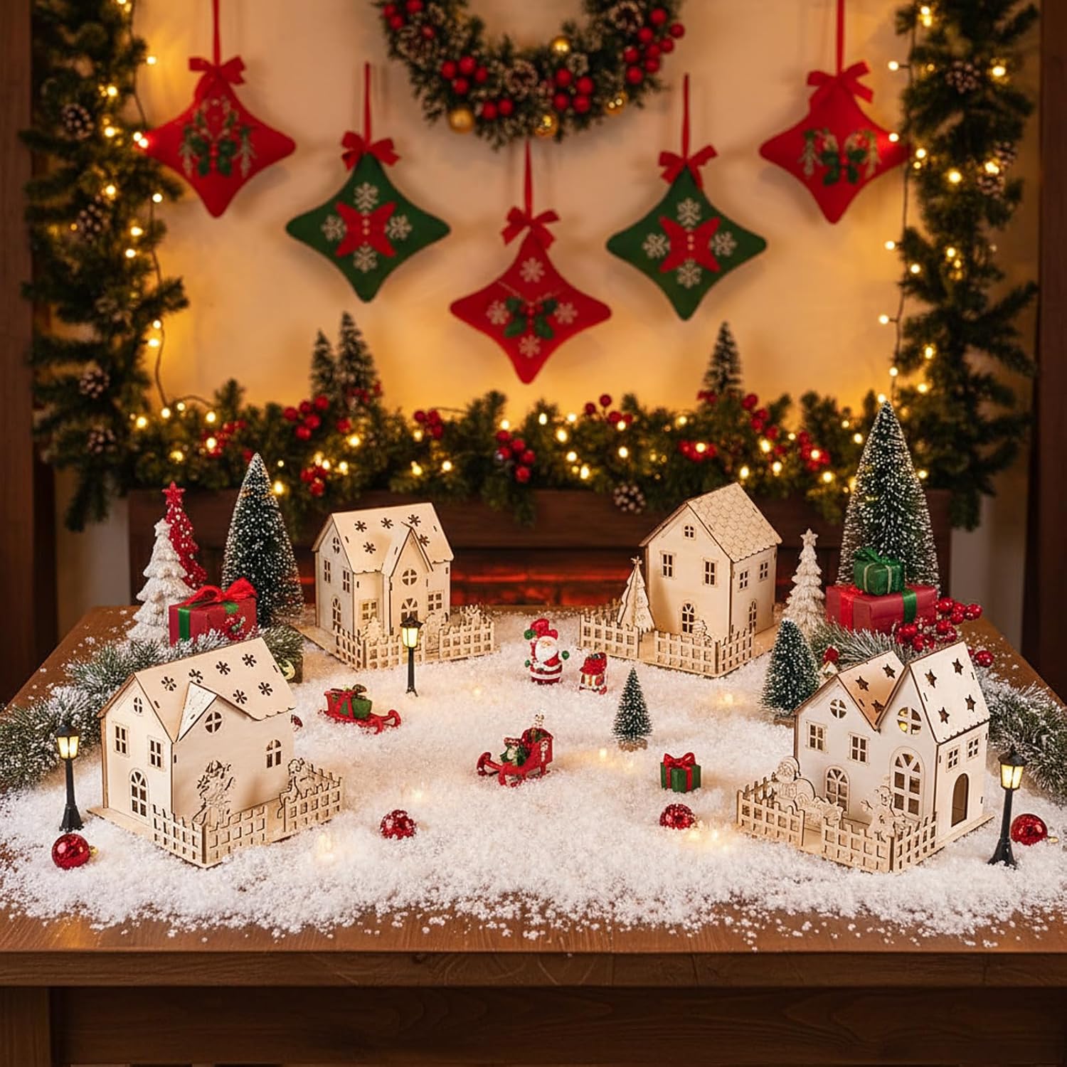 Qunclay 4 Pcs Light up Christmas Village Sets Wooden Houses for Crafts Unfinished Christmas Wood Houses Gift for Winter Xmas Party Table Decorations