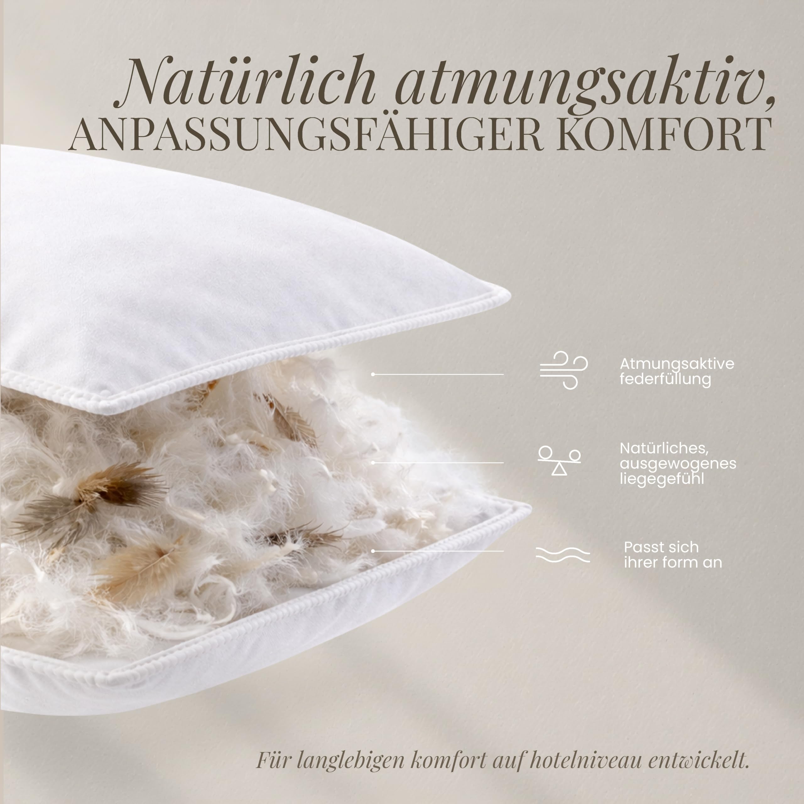 FAM' Home Federkopfkissen 50x70 cm – Federkissen mit 100% Entenfedern | NATÜRLICHER KOMFORT: 100% Entenfedern für Stützkraft, atmungsaktiver Bezug, bei 30°C waschbar & Öko-Tex zertifiziert.