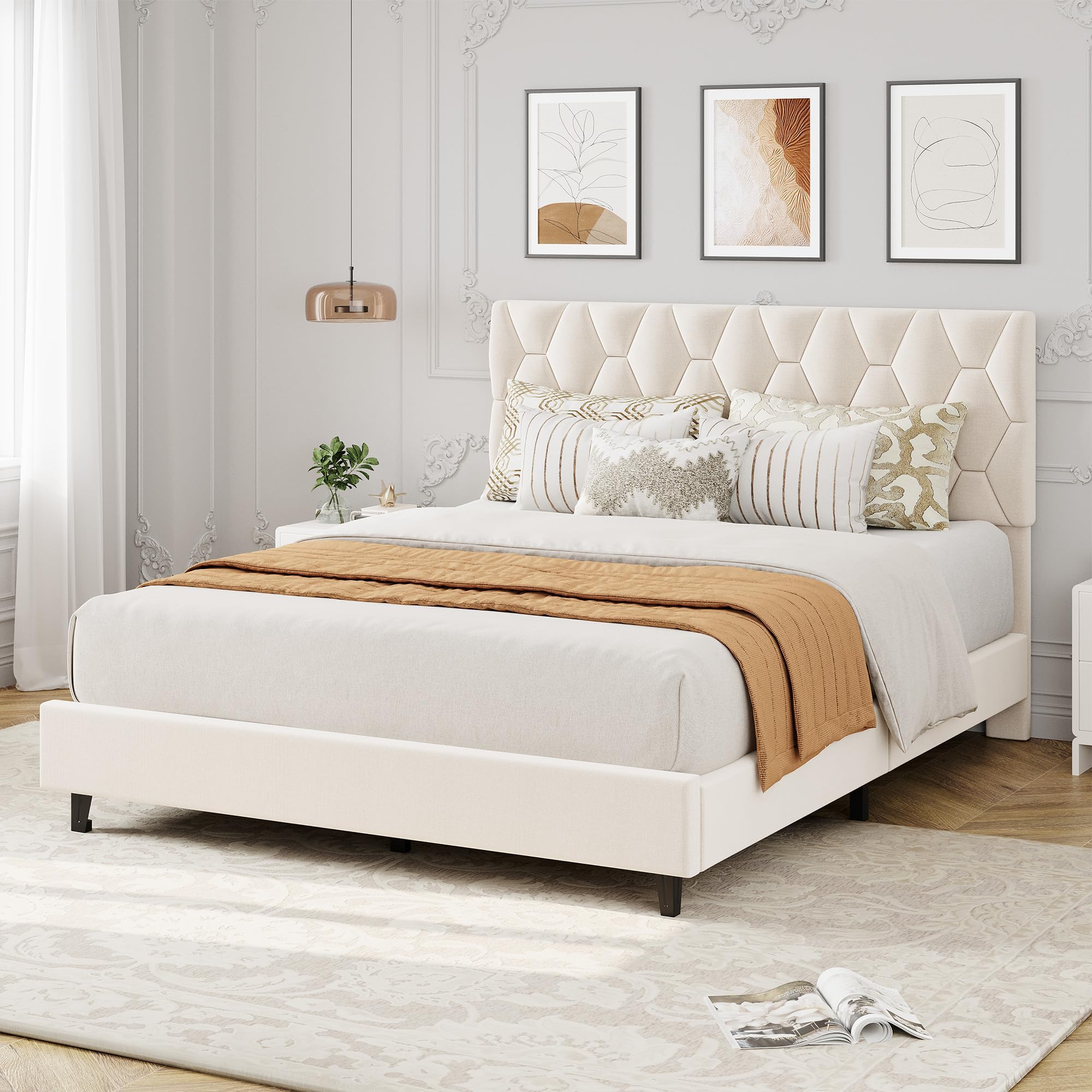 garvee queen size bed frame with upholstered headboard,heavy-duty platform bed frame with strong wood slats, no box spring needed/easy assembly/noise free