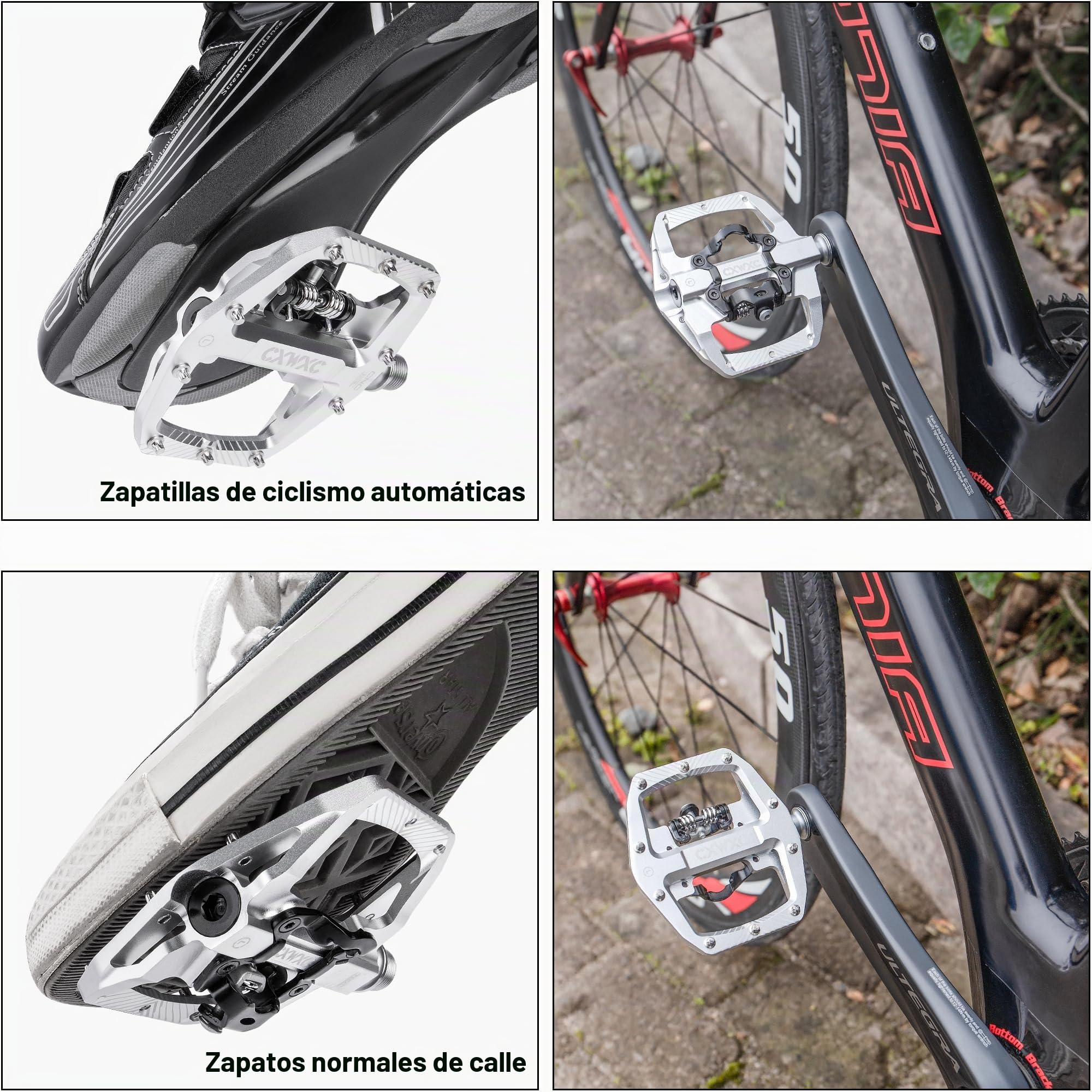 2 en 1 Pedales Bicicleta,aleación de Aluminio,diámetro de Rosca 9/16,diseño de Superficie Ancha y Antideslizante,3 rodamientos sellados,Pedales Automáticos adecuados