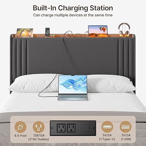 Miniatura 30 de Gizoon Base de cama Queen con cabecera de ala, plataforma tapizada con cabecera geométrica moderna, listones de madera, sin ruido, no necesita