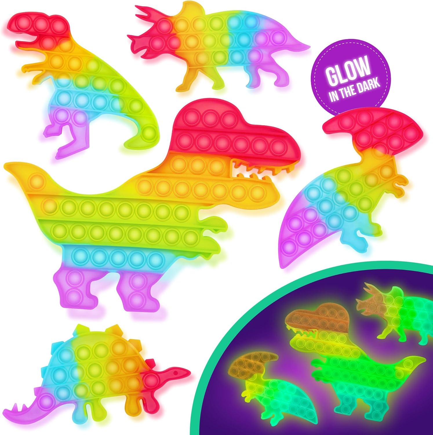 5 Pack Dinosaur Pop-It Fidget Toys – Glow in Dark Supplies – Rainbow Colored Dino Party Favors – Sensory Toys Help Relieve Stress for Autistic Kids – Perfect Popits for Kids