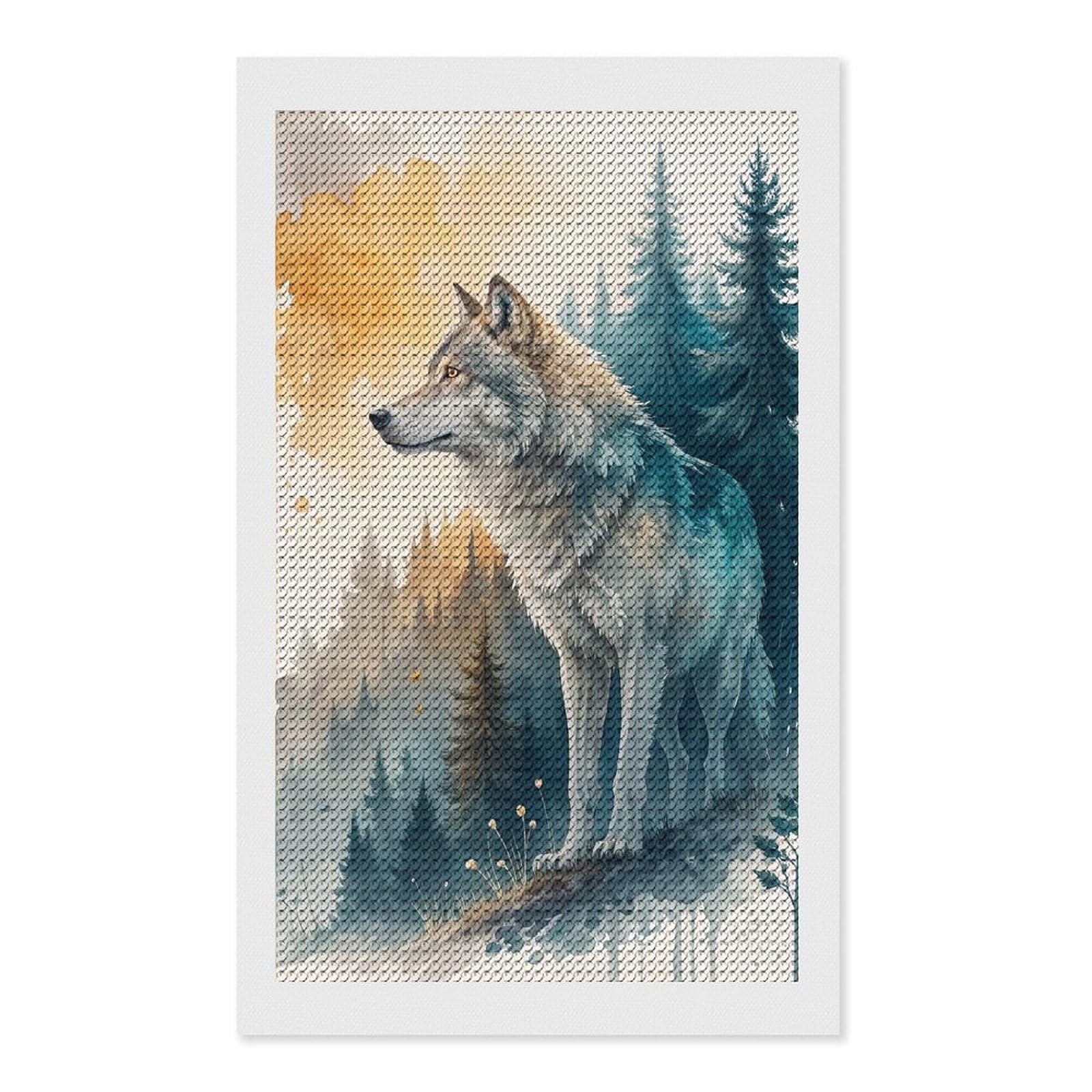 Junmoney Watercolor Wolf in Forest Landscape Diamond Art Kit 12"x20", for Beginners, Vintage Style Decor, Good for Quiet Evenings, Festive Craft Gift
