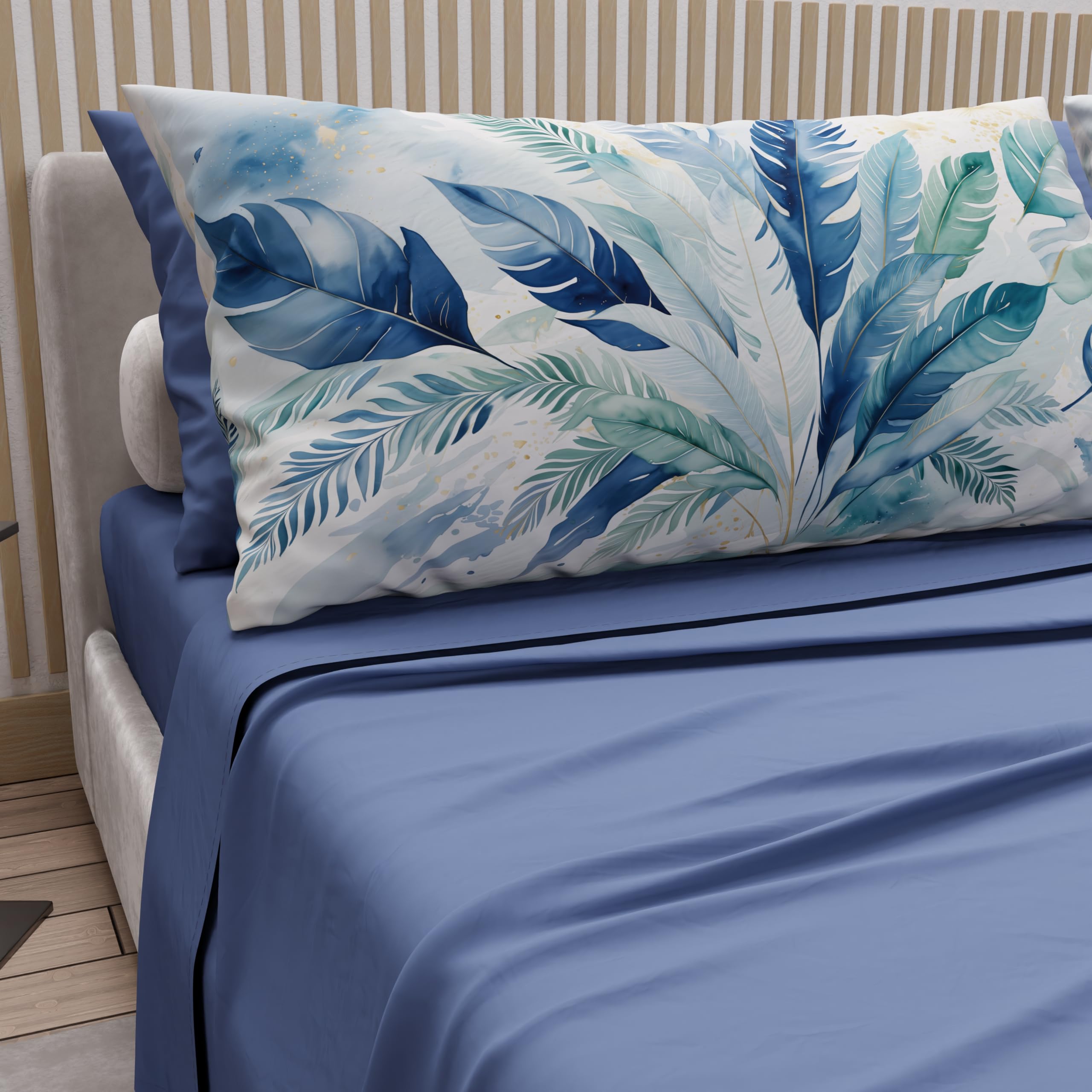 PETTI Artigiani Italiani - Double Bed Sheets Cotton with Pillowcases in Digital Print, Double Bed Sheet, Blue Palm Pattern, 100% Made in Italy
