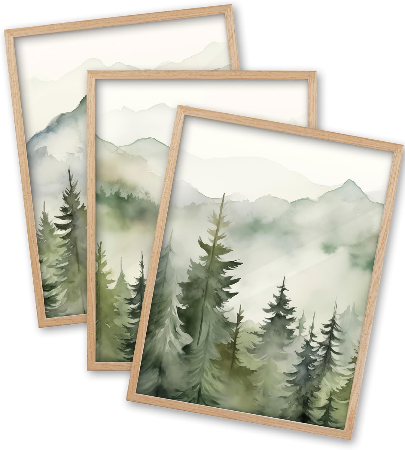 EcoHest Sage Green Mountain 3 Piece Framed Wall Art Set, 12x16 in OAK Wood Pine Forest Landscape Canvas Wall Decor, Minimalist Abstract Nature Modern Decor for Bedroom Living Room Bathroom