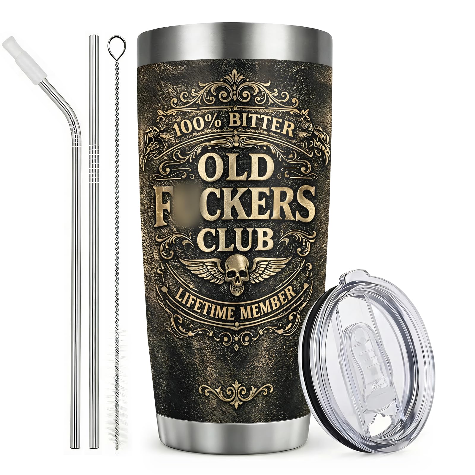 Old F*ckers Club Cup, 20oz Travel Mug Stainless Steel Tumbler with Straw and Lid, Iced Coffee Cup Insulated Cups, Lifetime Member Car Mug, Humorous Novelty Gifts for Men Dad Friend