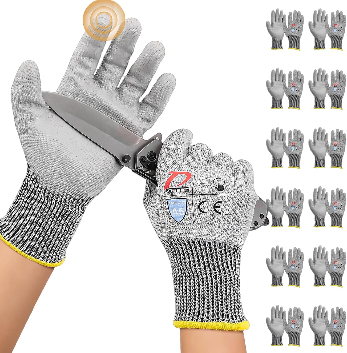 ANSI A5 Cut Resistant Glove, 12 pairs, Cut Proof Gloves with PU Coating and steel reinforcement, Touch-Screen Compatible, Used for Metal Fabrication, Mechanic, Gardening, Thin & Lightweight, XX-Large