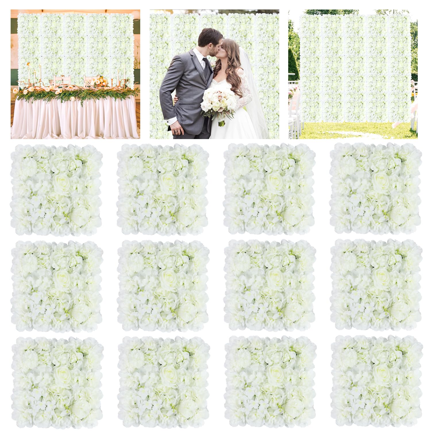 FANPROMS Flower Wall Backdrop 12Pcs 15x15 Inches 3D White Artificial Flower Backdrop Panels Silk Rose Flowers Wall Backdrops Floral Panels for