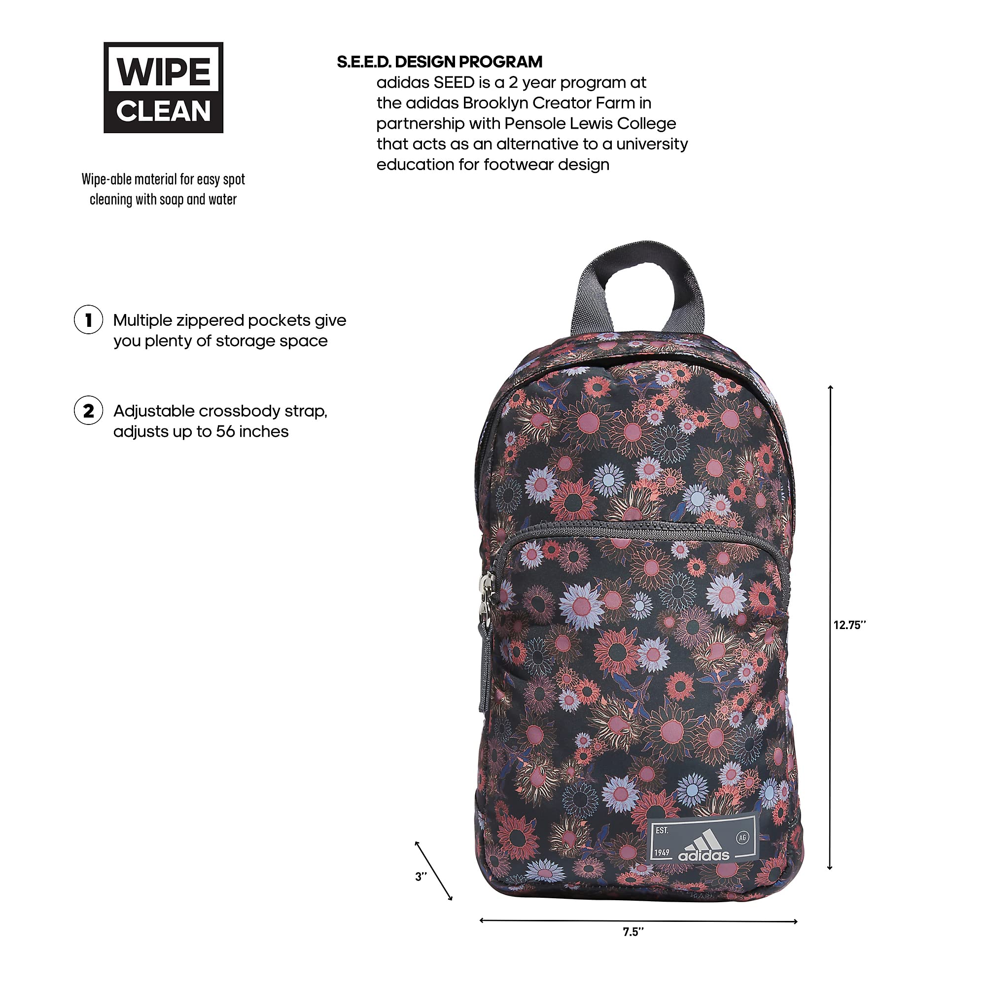 adidas Essentials Sling Small Crossbody Bag Discontinued, Seed Ditsy Floral  Carbon/Onix Grey/Silver One Size