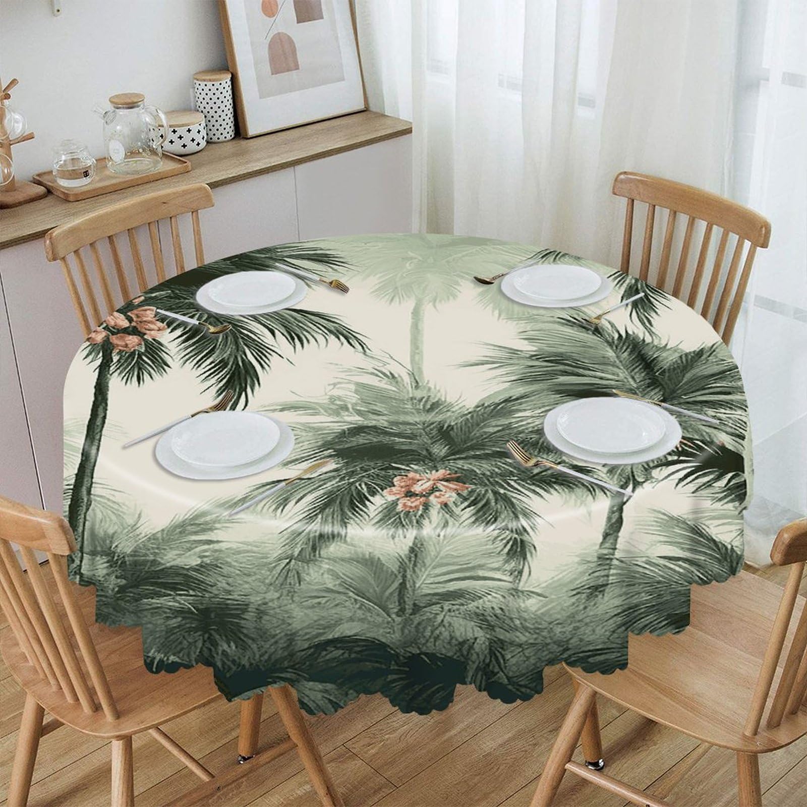 LZQPOEAS Tropical Palm Trees Round Tablecloth Rustic Circle Table Cloth Wrinkle Resistant Decor Tablecloth Waterproof Washable Table Cover for Kitchen Party Dining Table 60 Inch