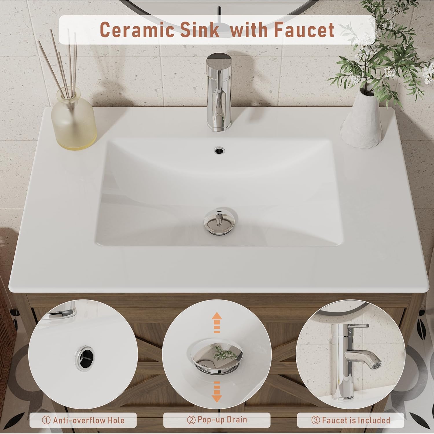 30 Inch Farmhouse Bathroom Vanity with Ceramic Sink, Wooden Cabinet with Undermount Sink, Bathroom Storage Vanity with Sink-Combo Set, 2 Doors, Faucet, 1 Drawer (Brown, 30")