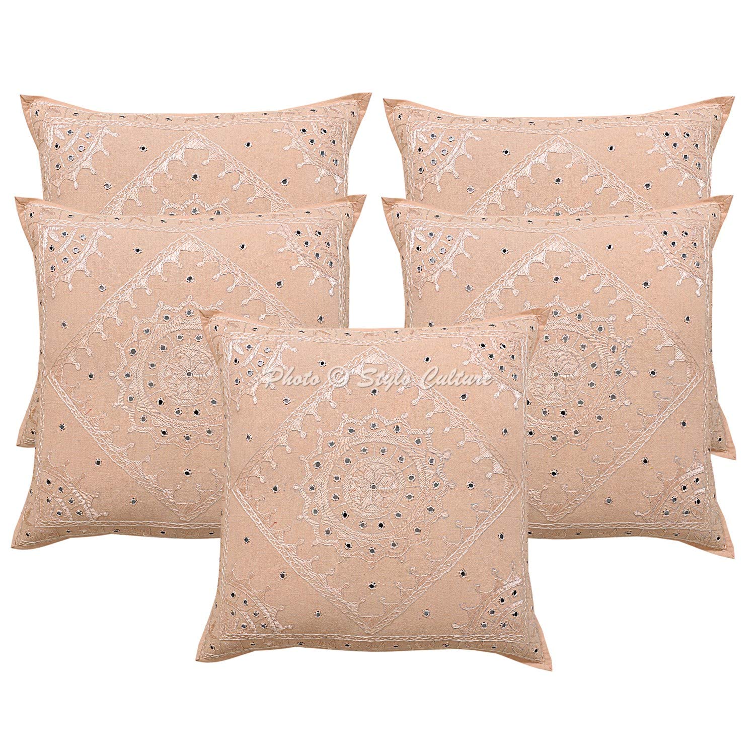Bohemio Fundas para Almohadones Decorativos 60x60 cm Algodón Espejado Fundas Cojines Sofa Melocotón 24x24 Inch Bordado Cuadrado sobre Funda Cojin Cama - 5 Pcs