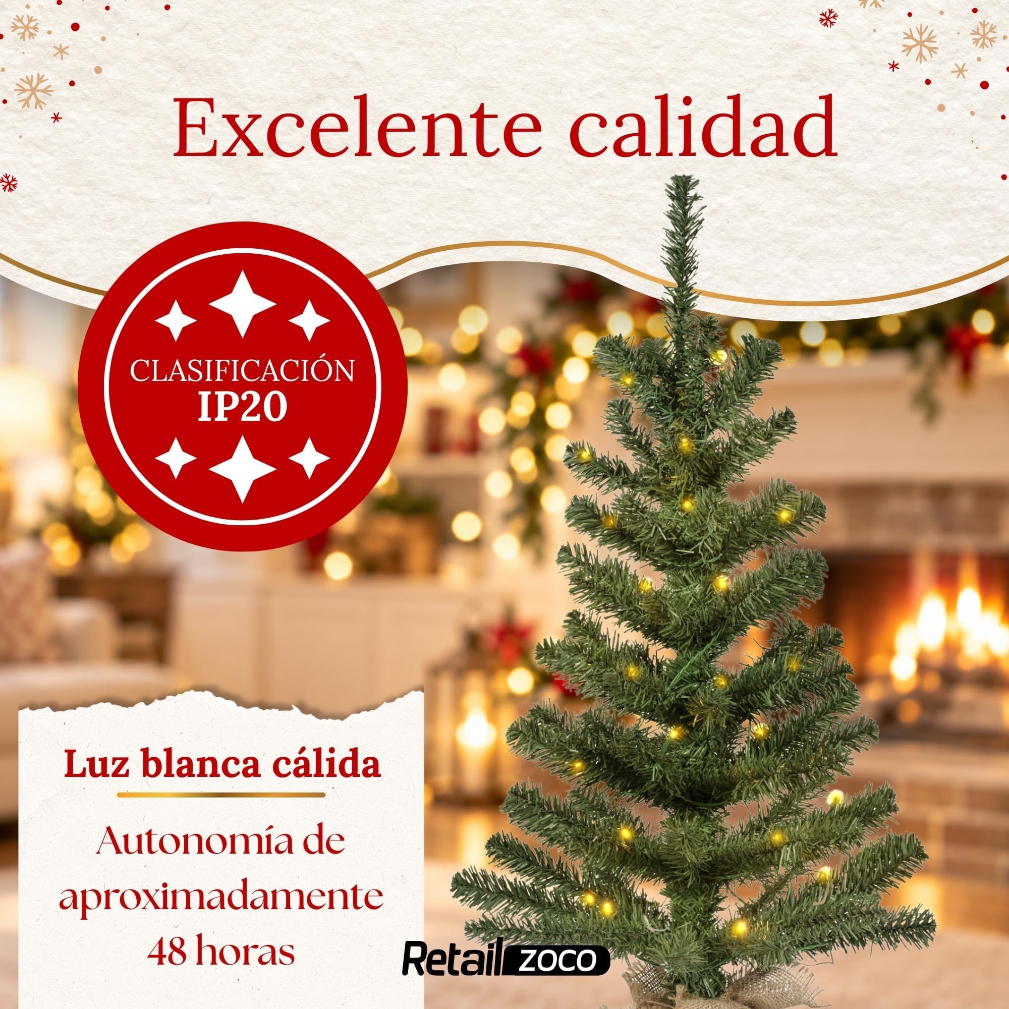 Mini Árbol de Navidad Iluminado 75 cm, 35 LED Cálidos y Base de Yute - imagen 6