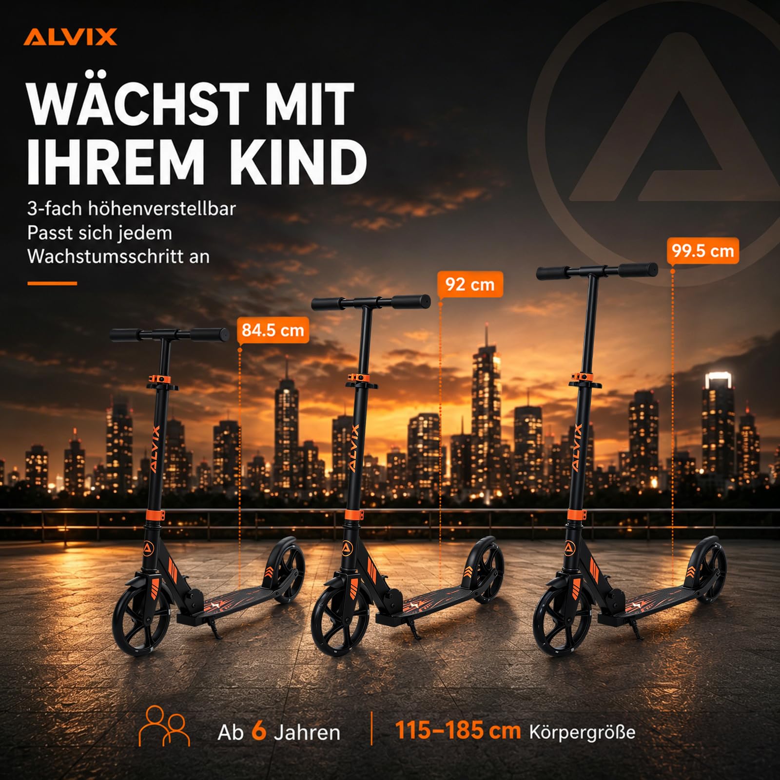 ALVIX Kinder Scooter mit LED-Rädern – Faltbarer Kinderroller 200 mm | Höhenverstellbarer Kickroller ab 6 Jahren, breites Deck, Tragegurt, bis 100 kg belastbar