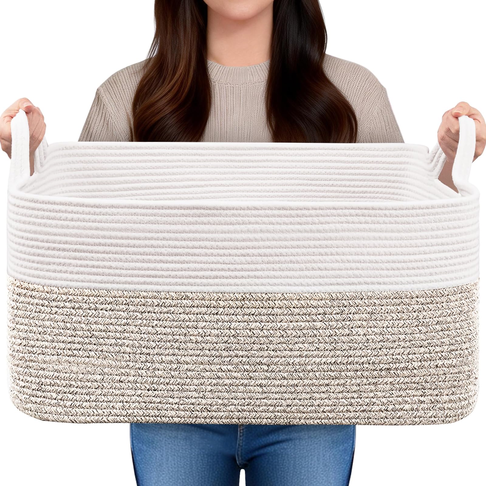 Mavivegue Large Storage Basket, 65L Woven Blanket Basket, Toy Basket with Handle, Laundry Hamper for Living Room, Nursery, Bedroom- 55x38x30 CM