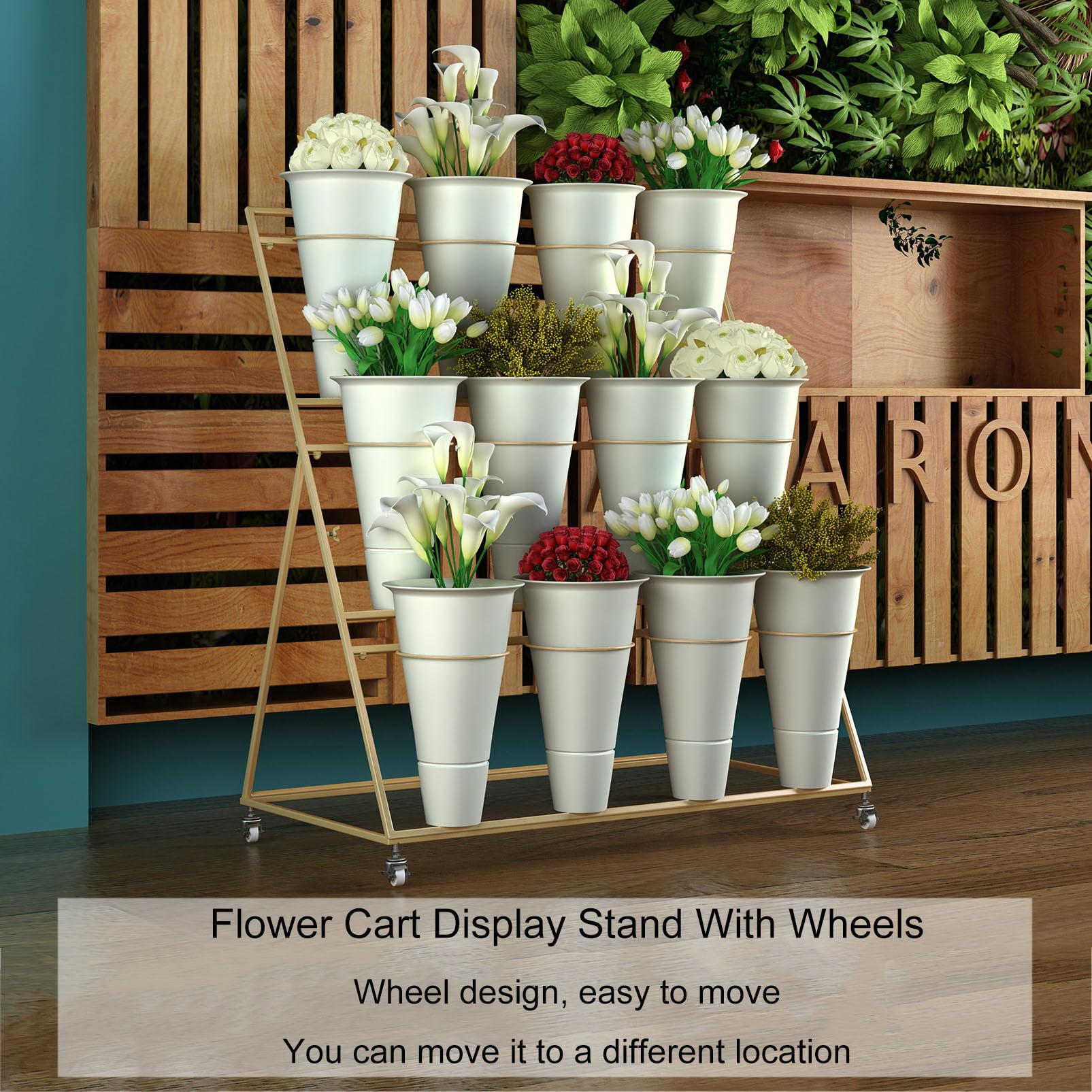 PROLEE Carrello Portafiori Con Ruote E 12 Secchi - Espositore Metallico A 3 Livelli Per Fioristi, Matrimoni E Decorazioni, Bianco