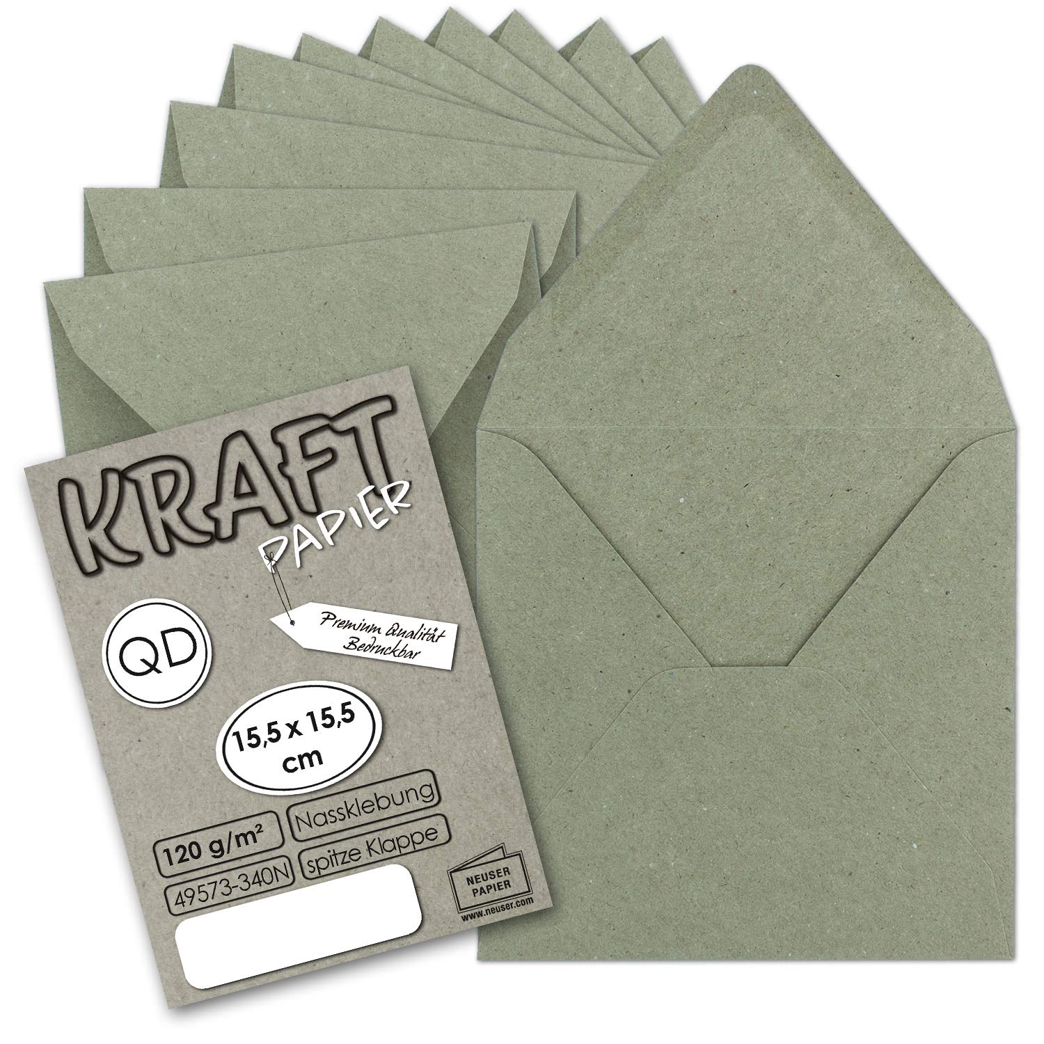 200 sobres vintage cuadrados de papel kraft gris - sostenibles - 15,5 x 15,5 cm - solapa en punta con cierre adhesivo húmedo - NEUSER PAPIER